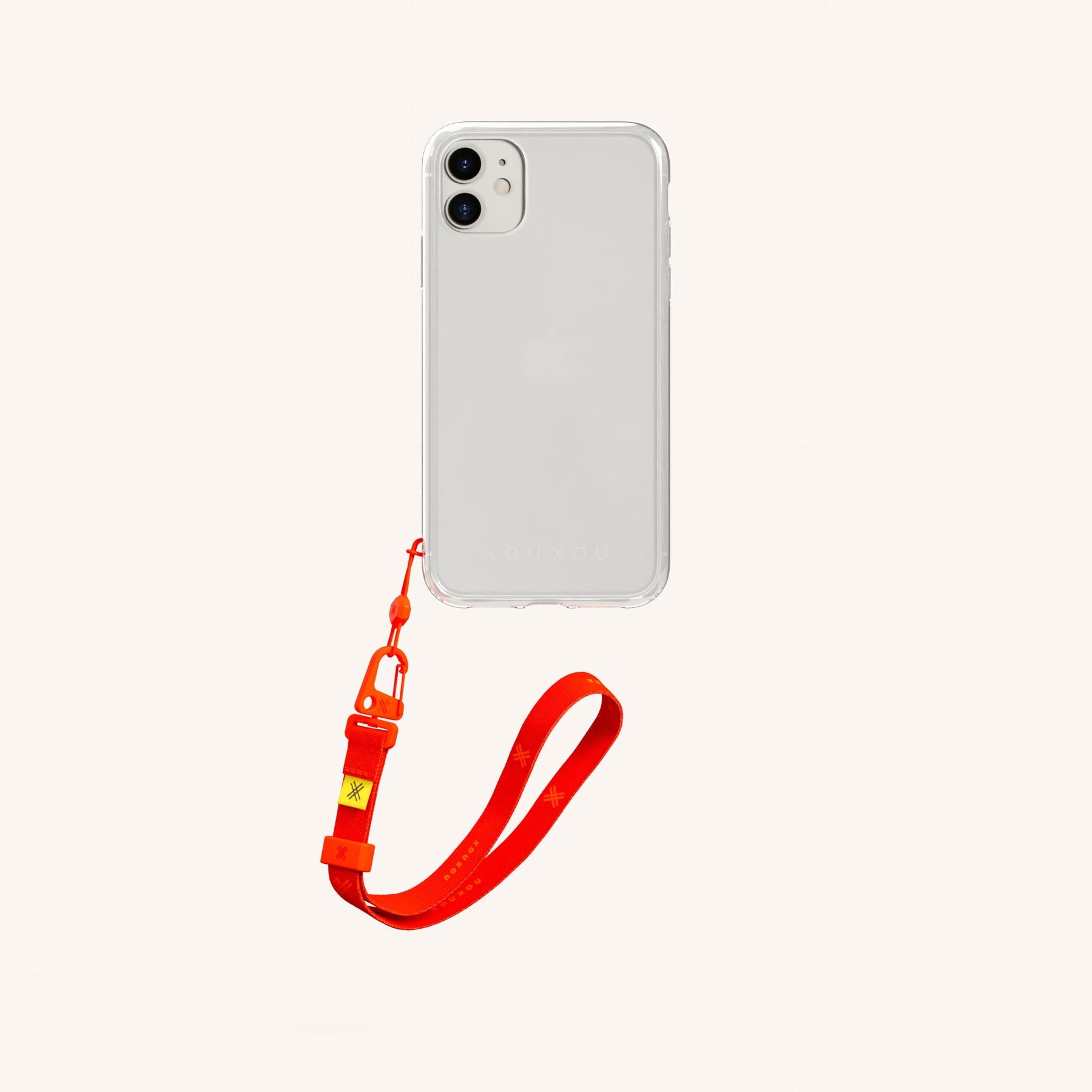 Phone Case with Wrist Strap in Clear + Neon Orange