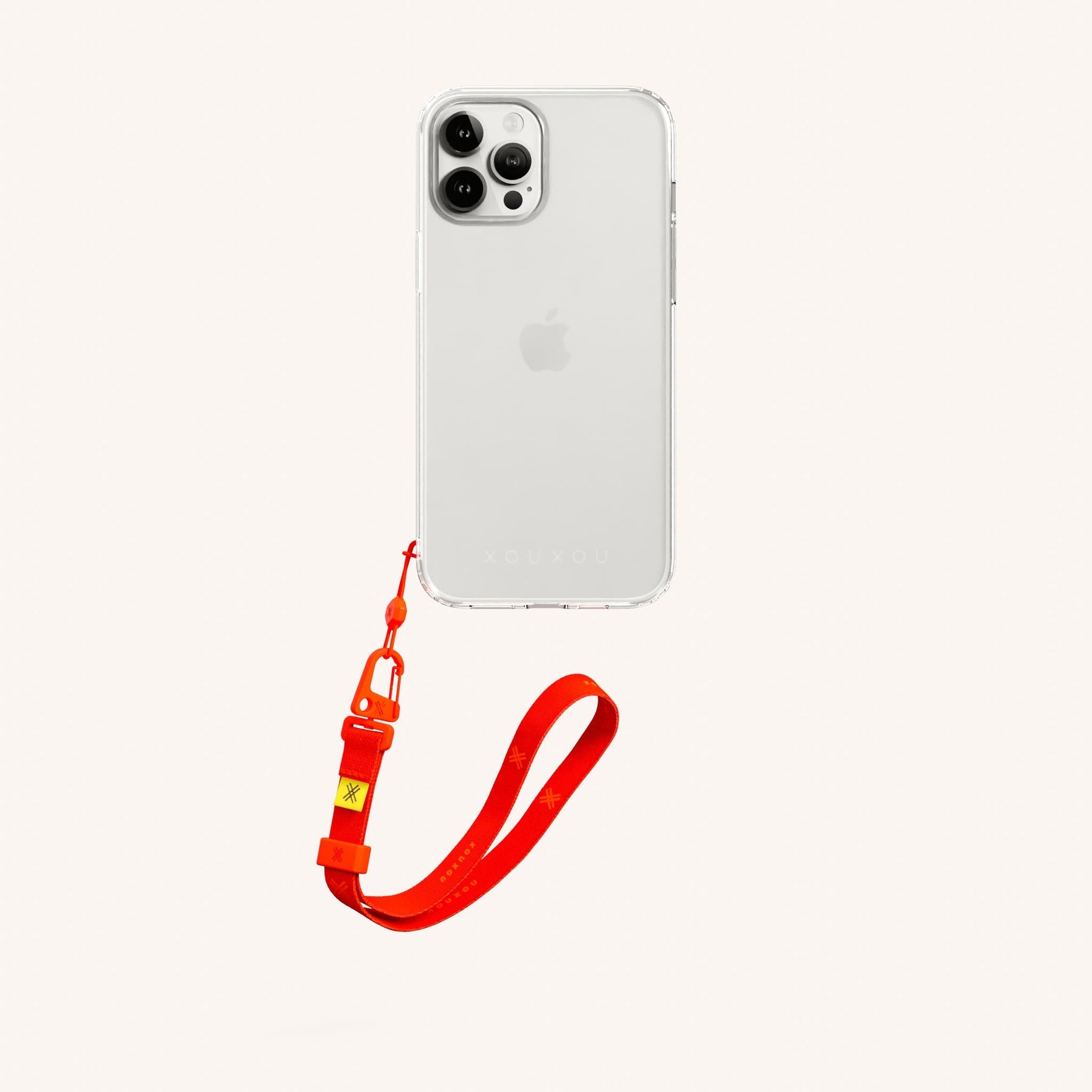 Phone Case with Wrist Strap in Clear + Neon Orange
