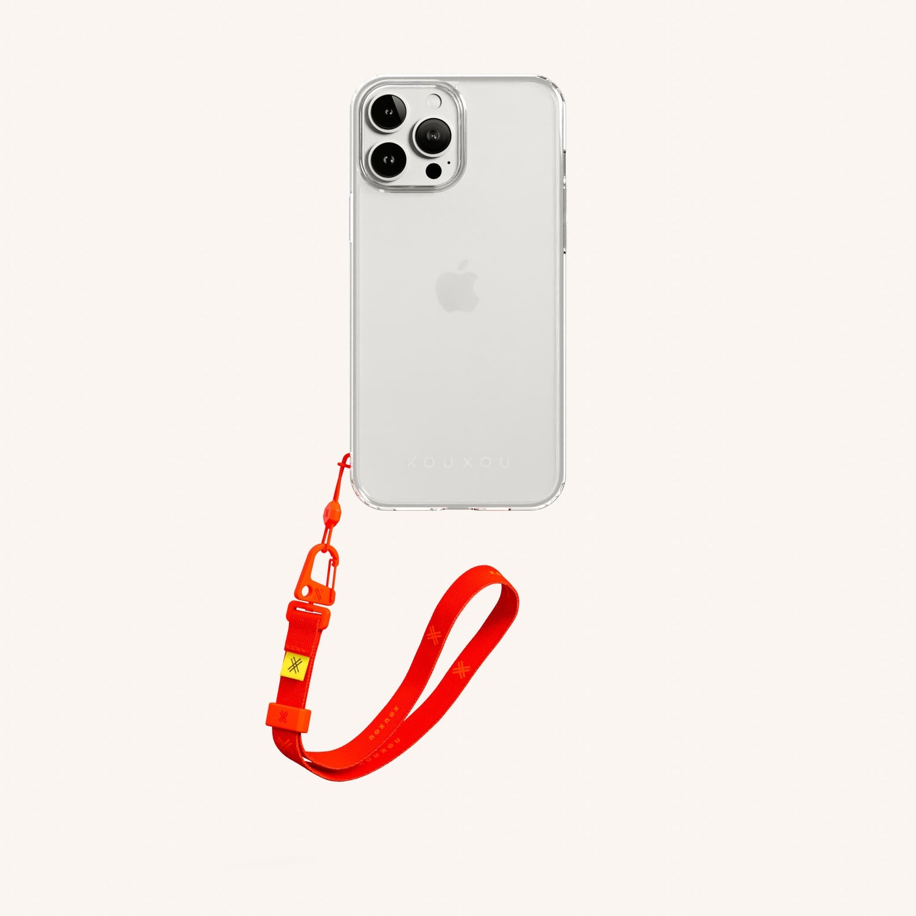 Phone Case with Wrist Strap in Clear + Neon Orange