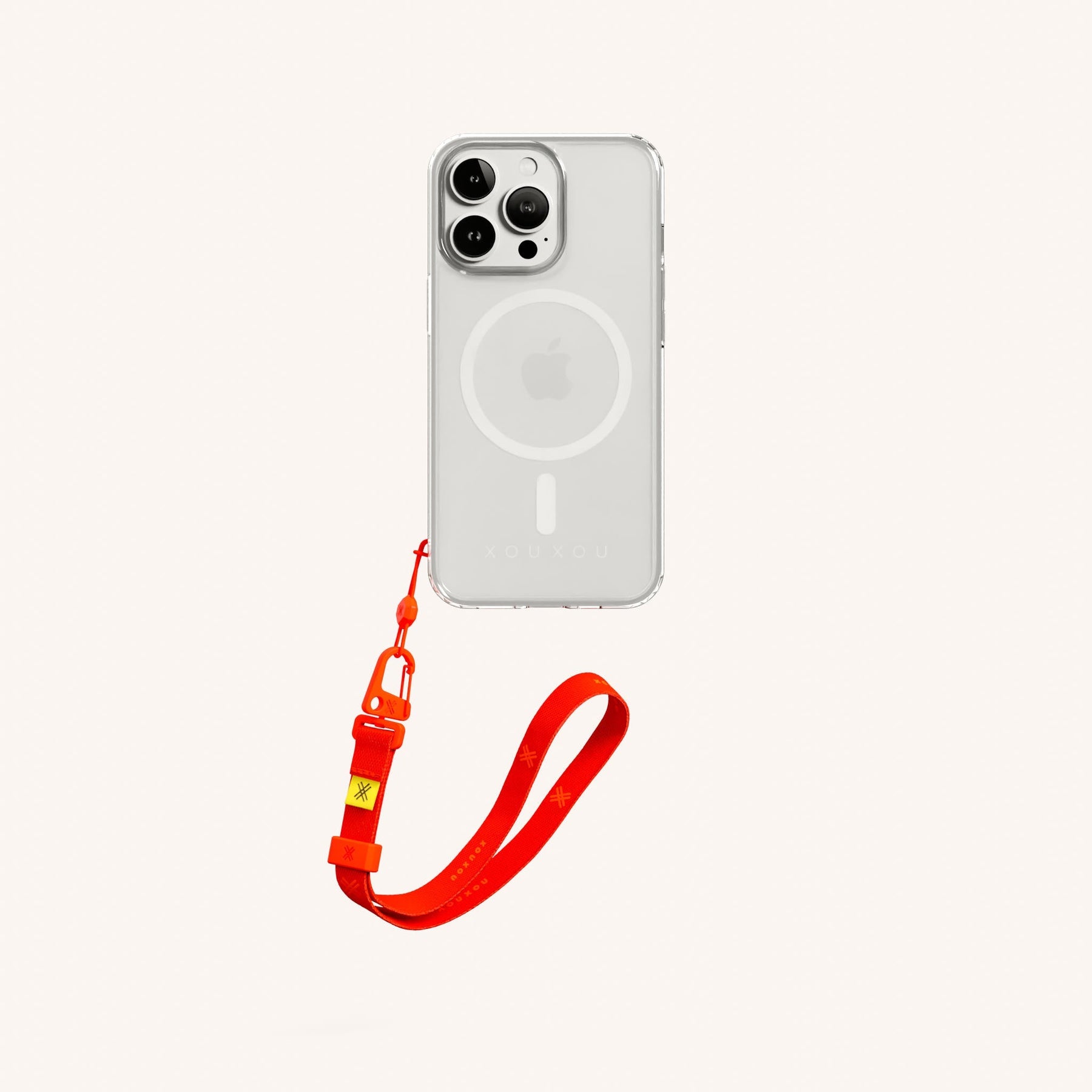 Phone Case with Wrist Strap in Clear + Neon Orange