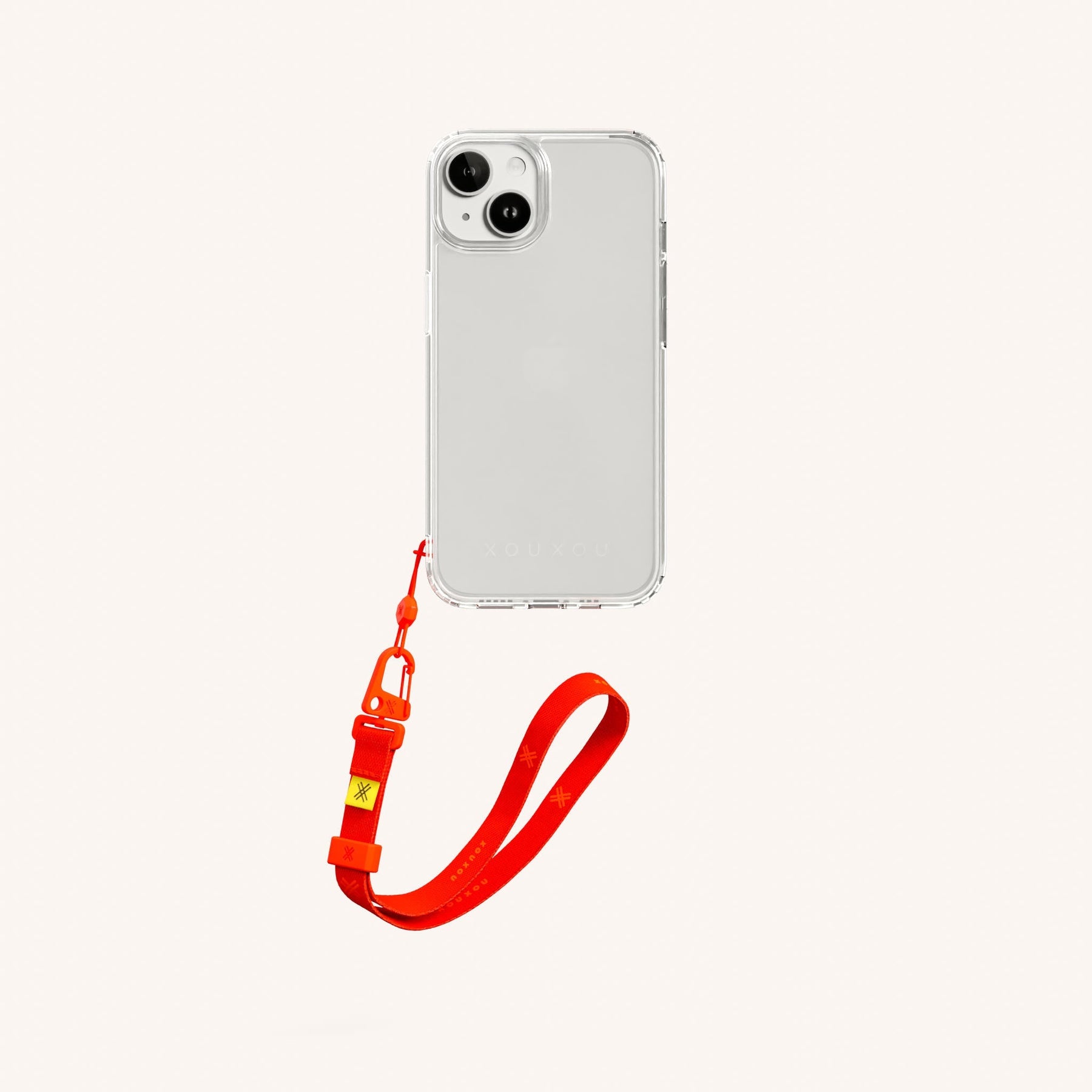 Phone Case with Wrist Strap in Clear + Neon Orange