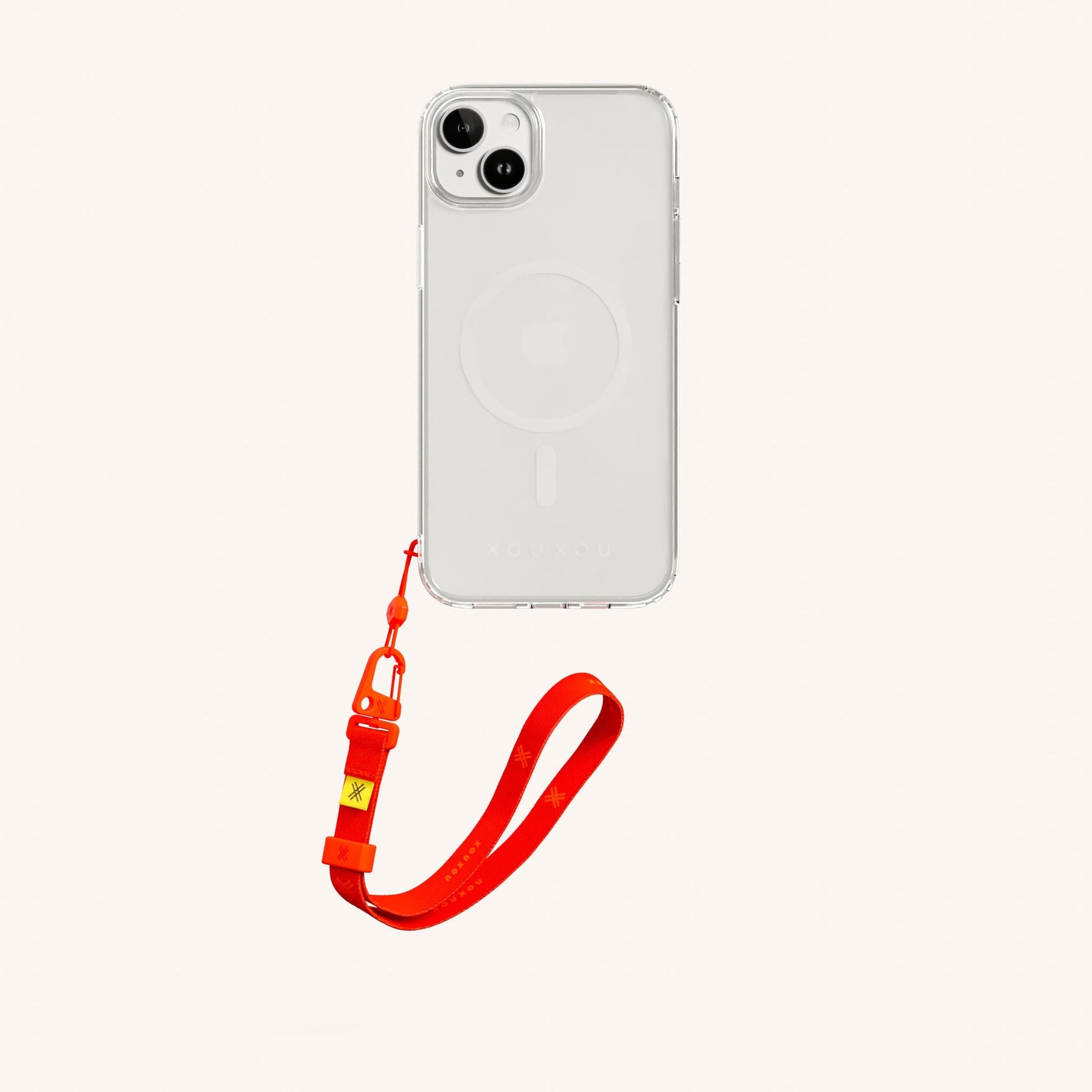 Phone Case with Wrist Strap in Clear + Neon Orange
