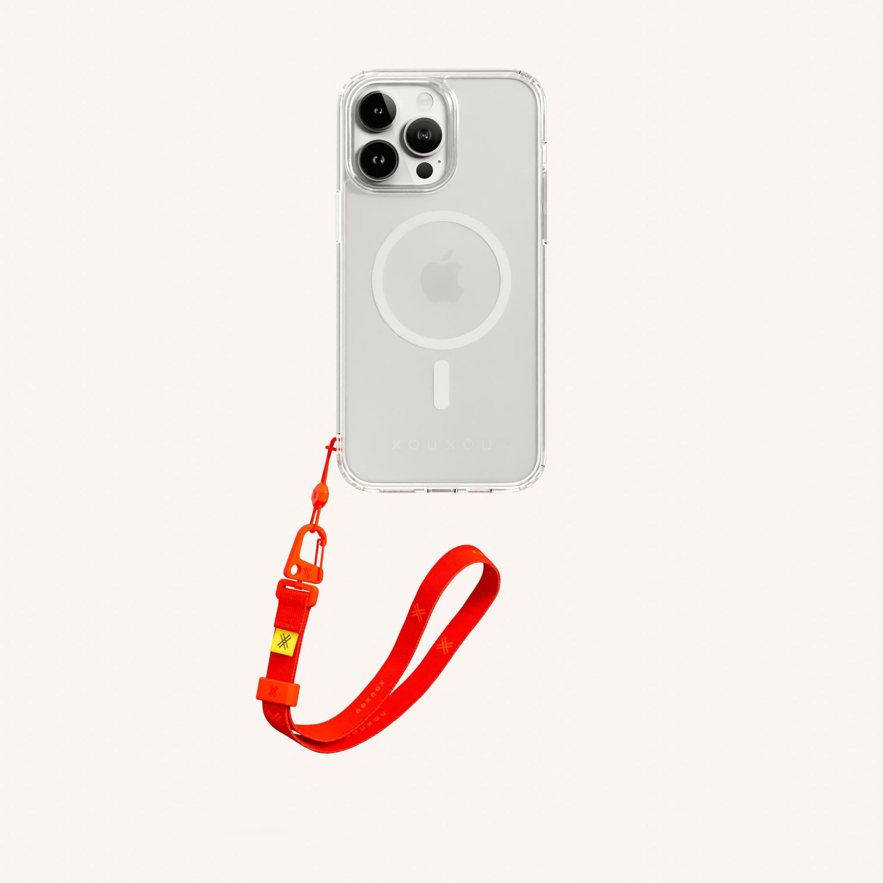 Phone Case with Wrist Strap in Clear + Neon Orange