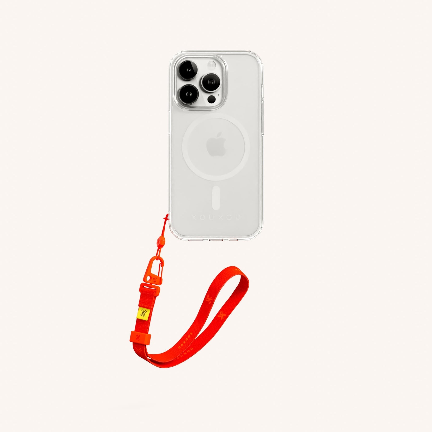 Phone Case with Wrist Strap in Clear + Neon Orange