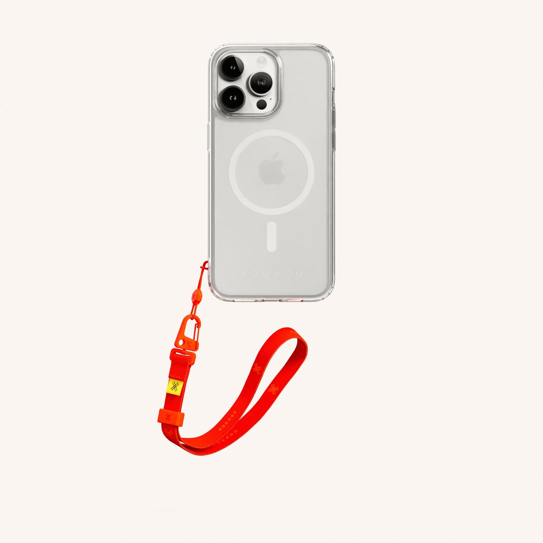 Phone Case with Wrist Strap in Clear + Neon Orange