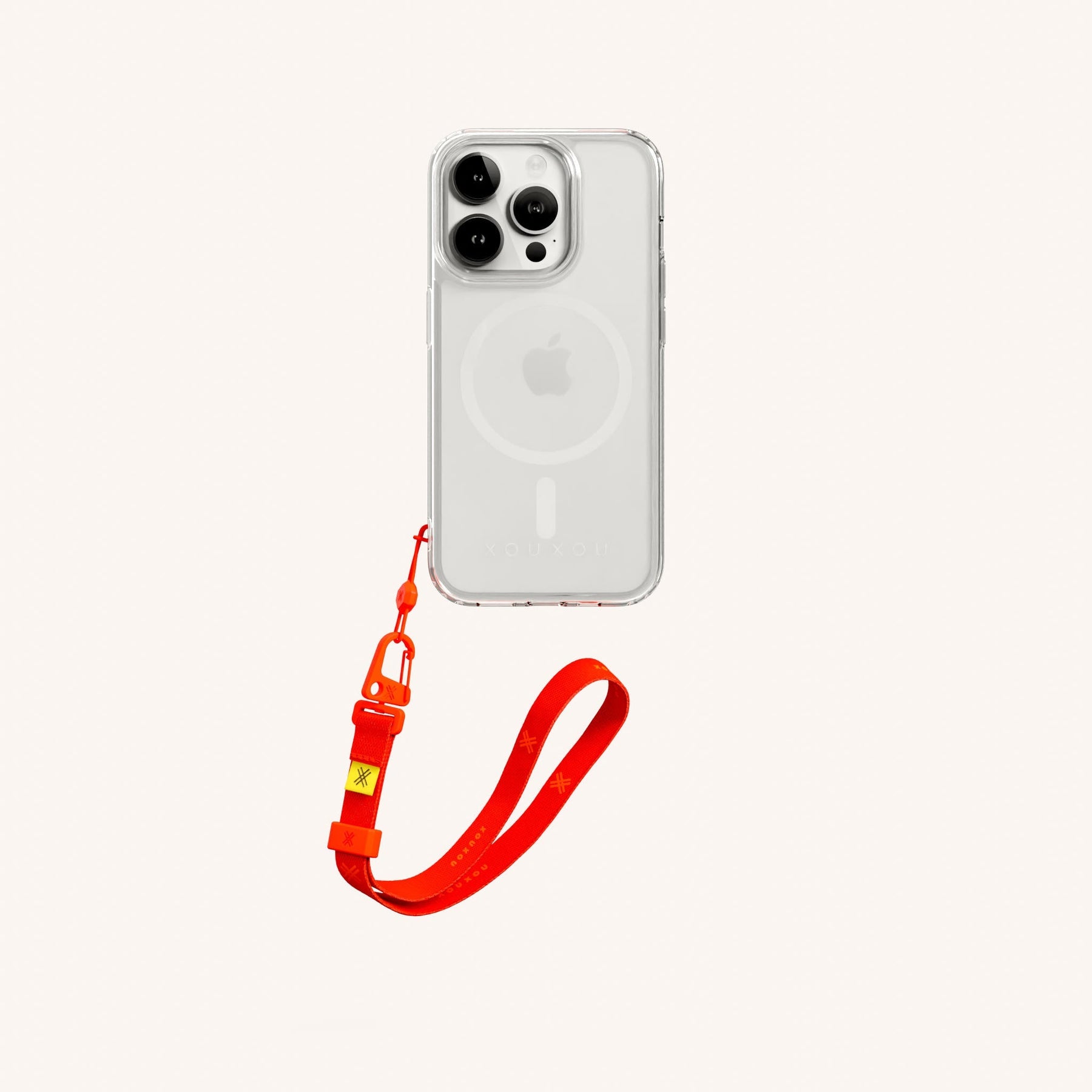 Phone Case with Wrist Strap in Clear + Neon Orange
