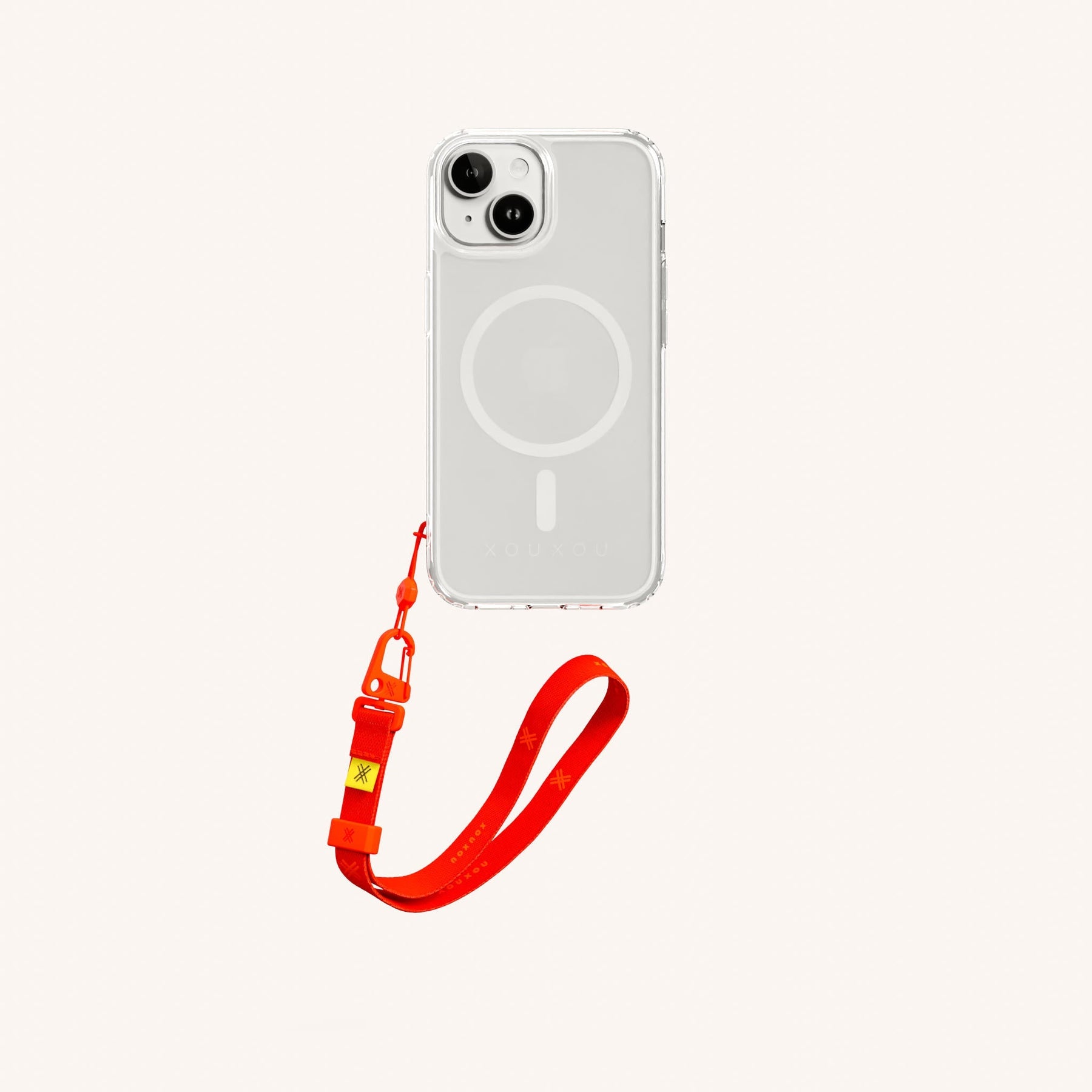 Phone Case with Wrist Strap in Clear + Neon Orange