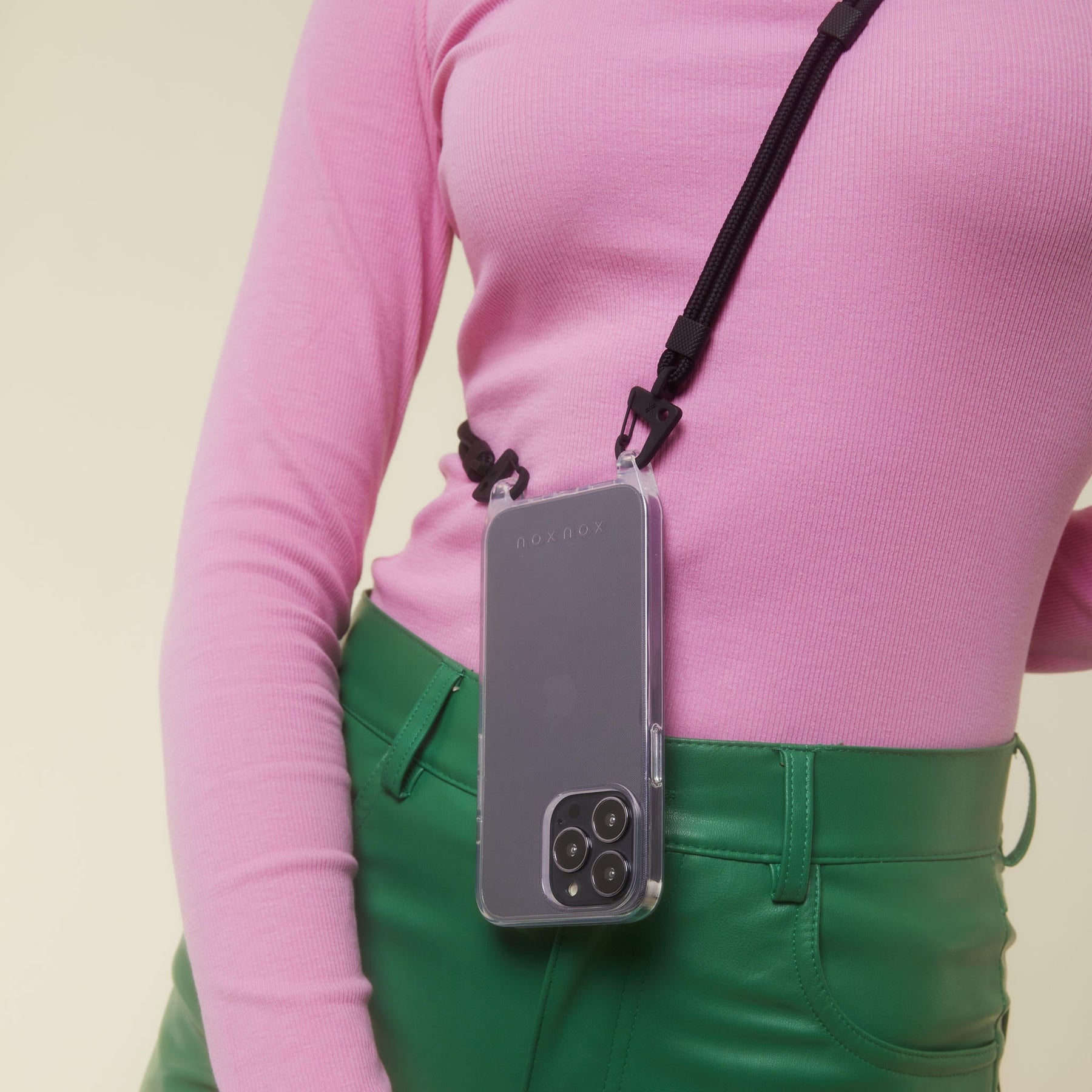 Phone Necklace with Carabiner Rope in Clear + Power Pink