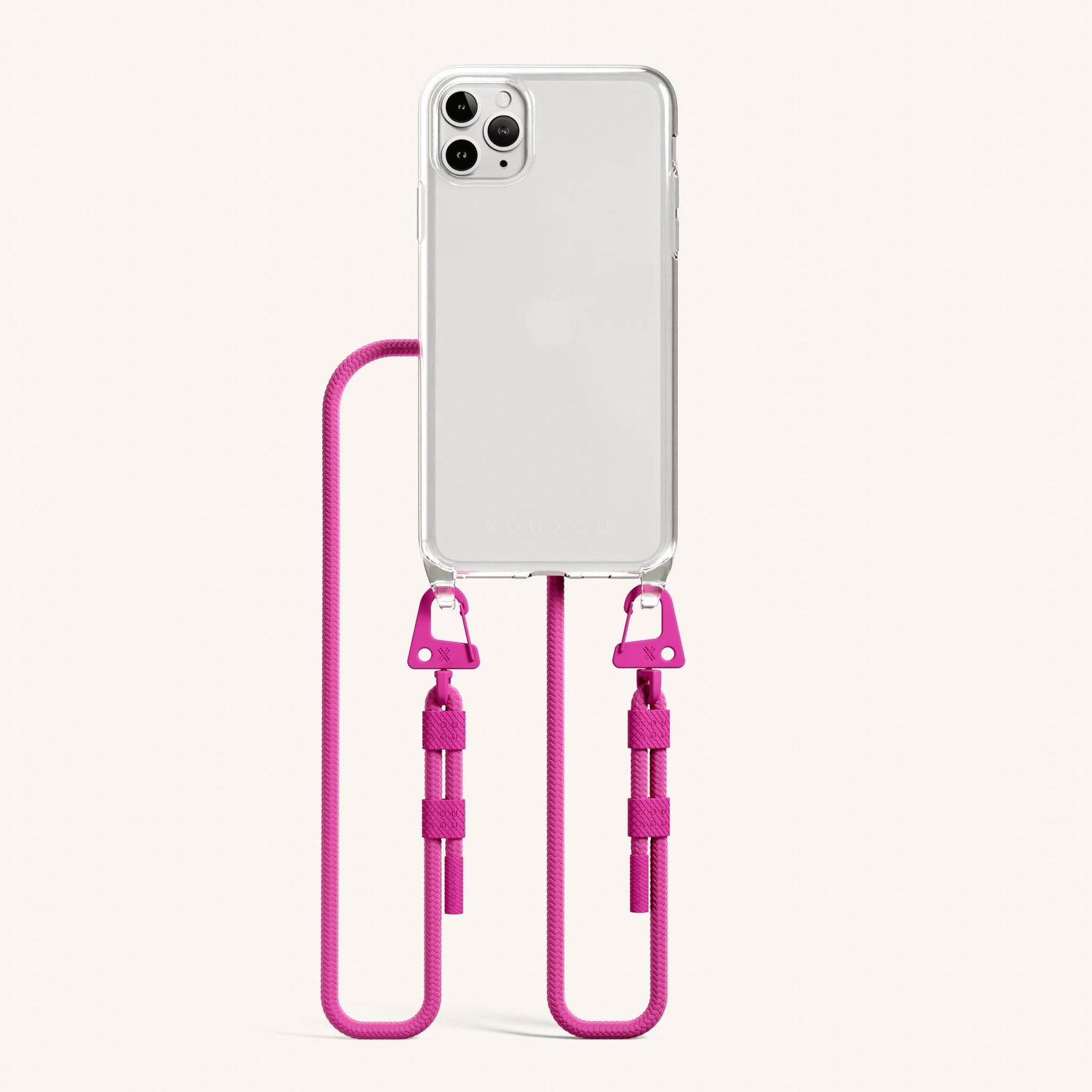 Phone Necklace with Carabiner Rope in Clear + Power Pink