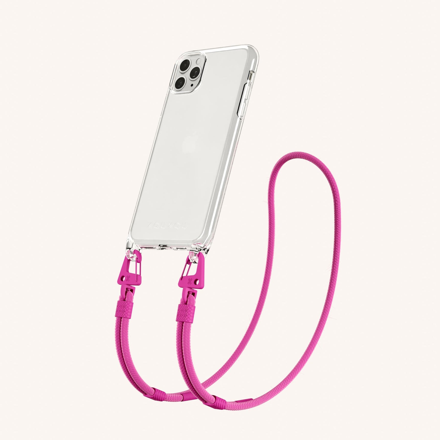 Phone Necklace with Carabiner Rope in Clear + Power Pink