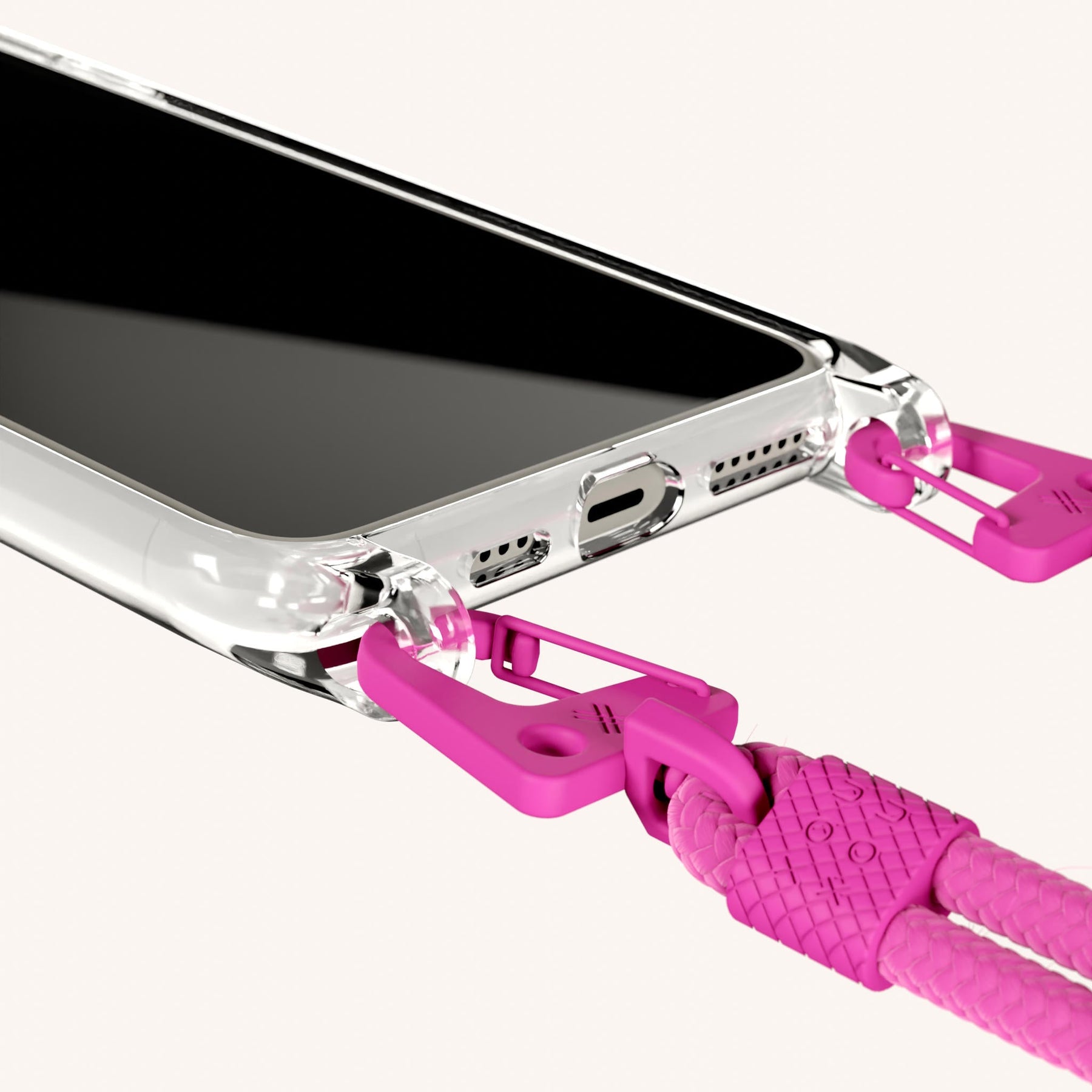 Phone Necklace with Carabiner Rope in Clear + Power Pink