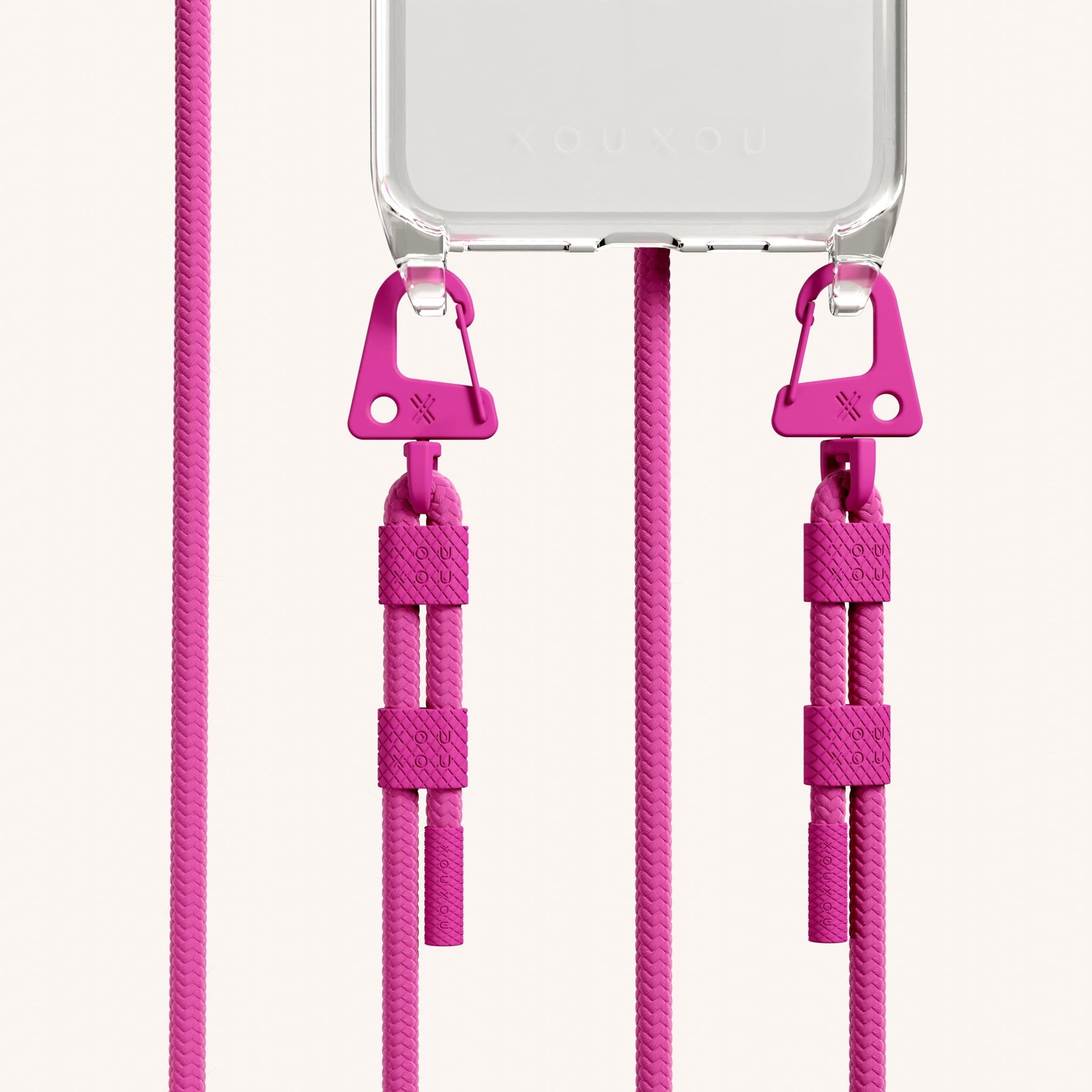 Phone Necklace with Carabiner Rope in Clear + Power Pink