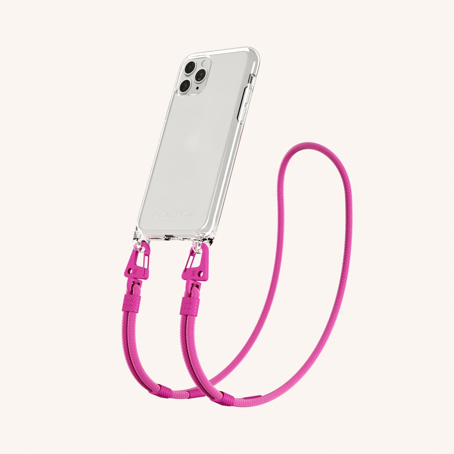 Phone Necklace with Carabiner Rope in Clear + Power Pink