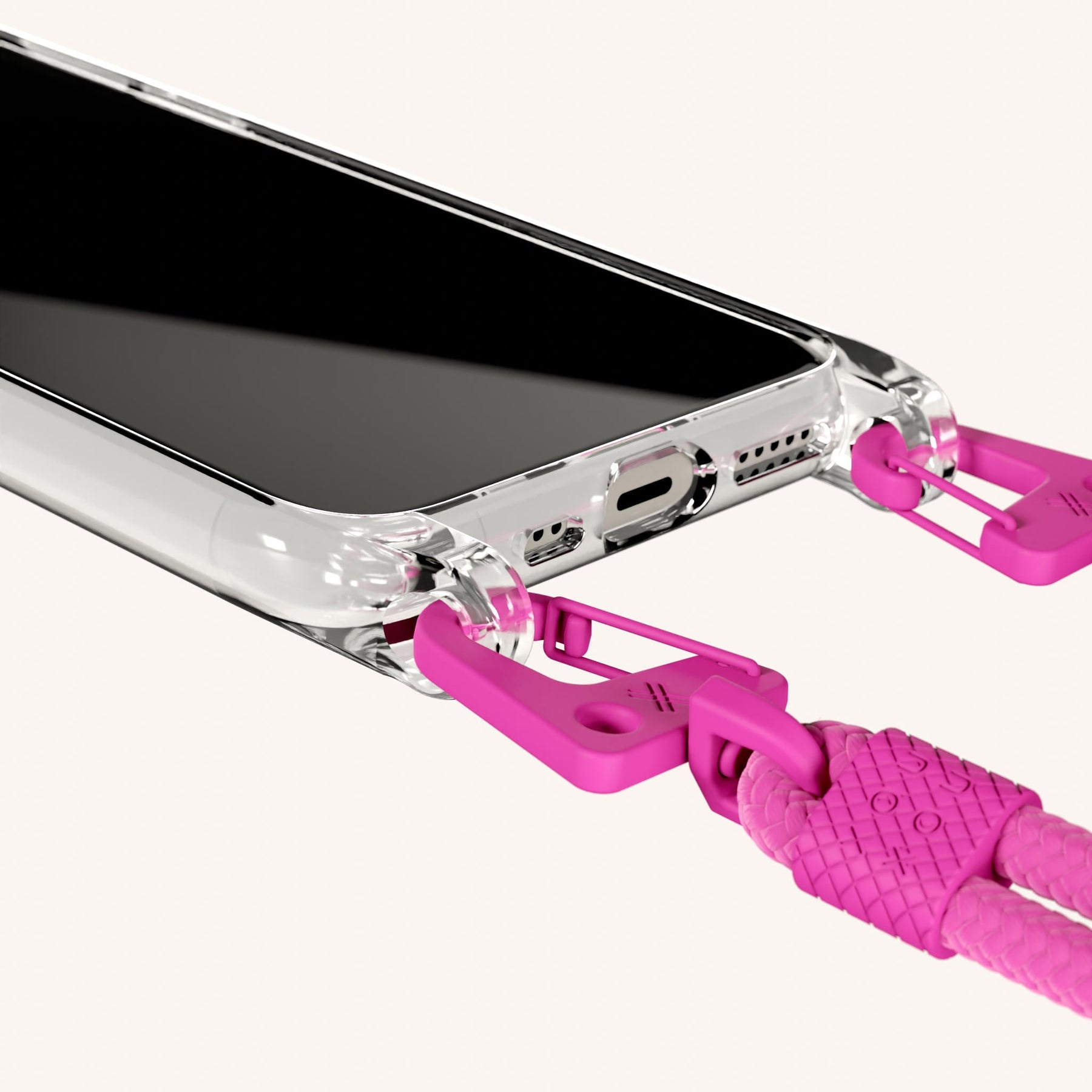Phone Necklace with Carabiner Rope in Clear + Power Pink