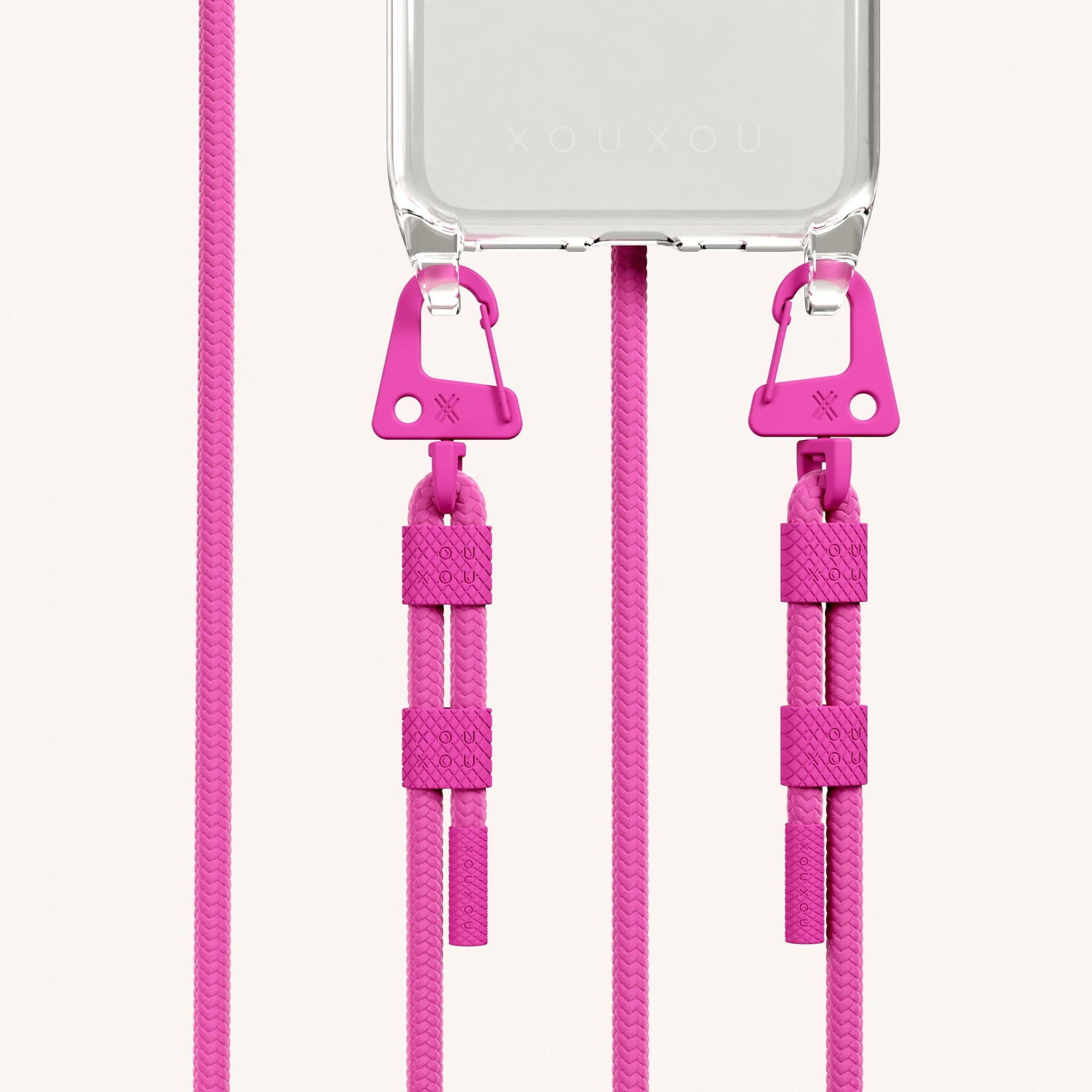 Phone Necklace with Carabiner Rope in Clear + Power Pink