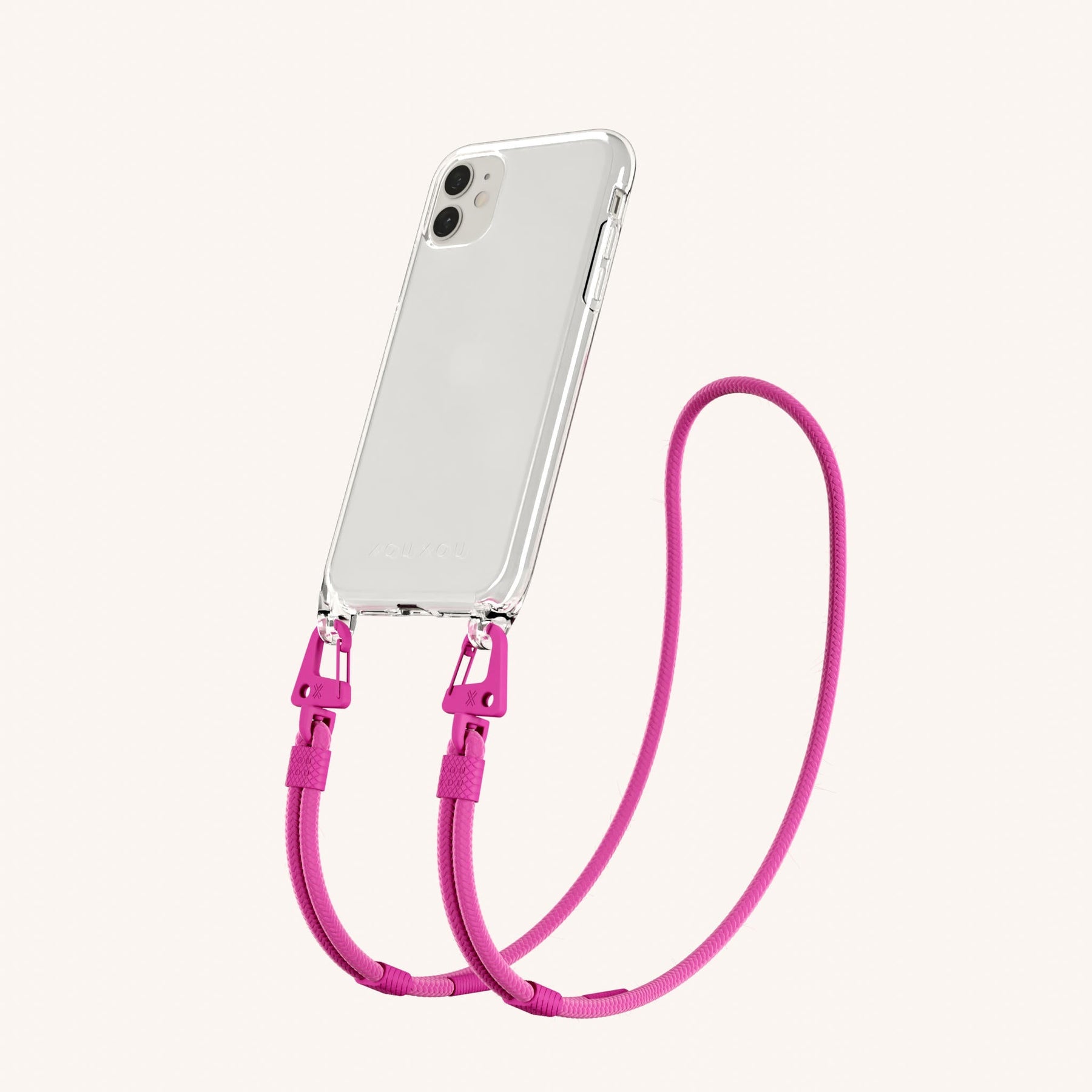Phone Necklace with Carabiner Rope in Clear + Power Pink