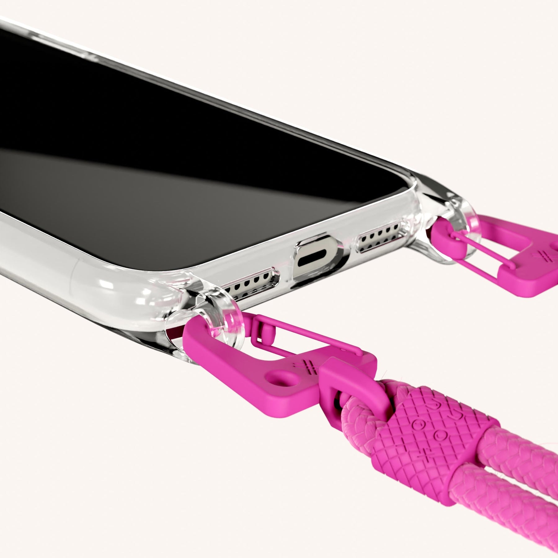Phone Necklace with Carabiner Rope in Clear + Power Pink