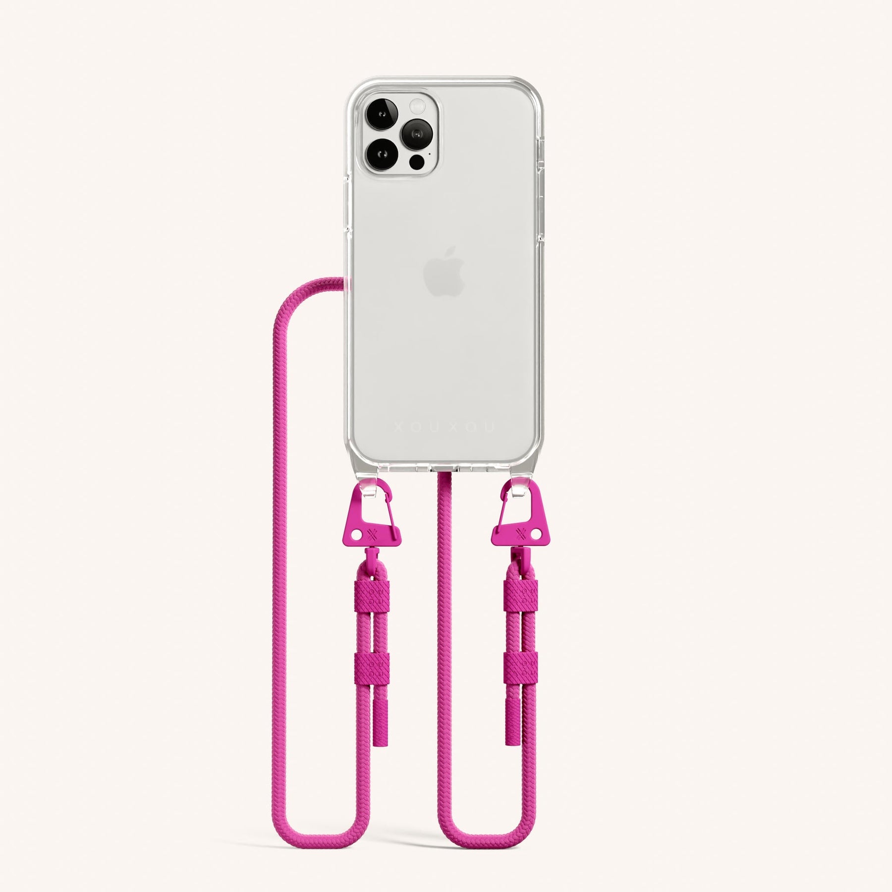 Phone Necklace with Carabiner Rope in Clear + Power Pink