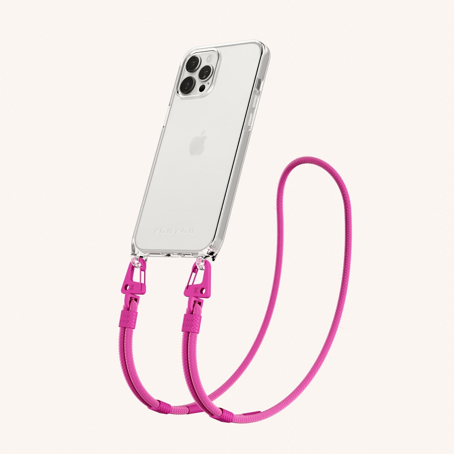 Phone Necklace with Carabiner Rope in Clear + Power Pink