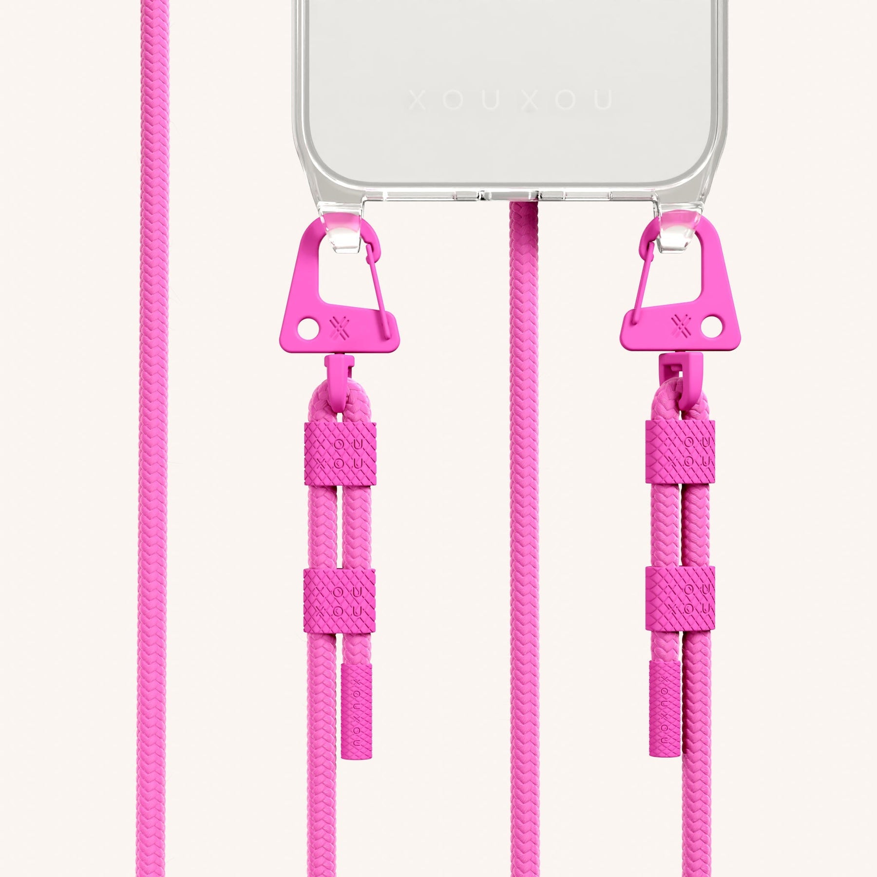 Phone Necklace with Carabiner Rope in Clear + Power Pink