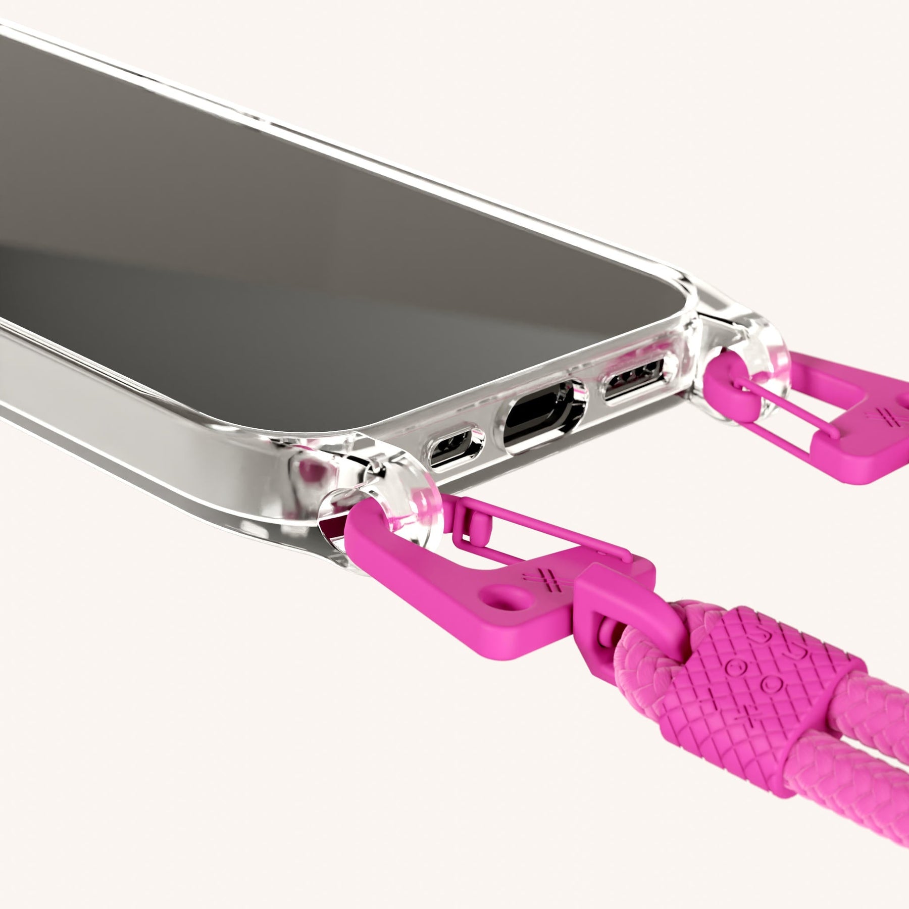 Phone Necklace with Carabiner Rope in Clear + Power Pink