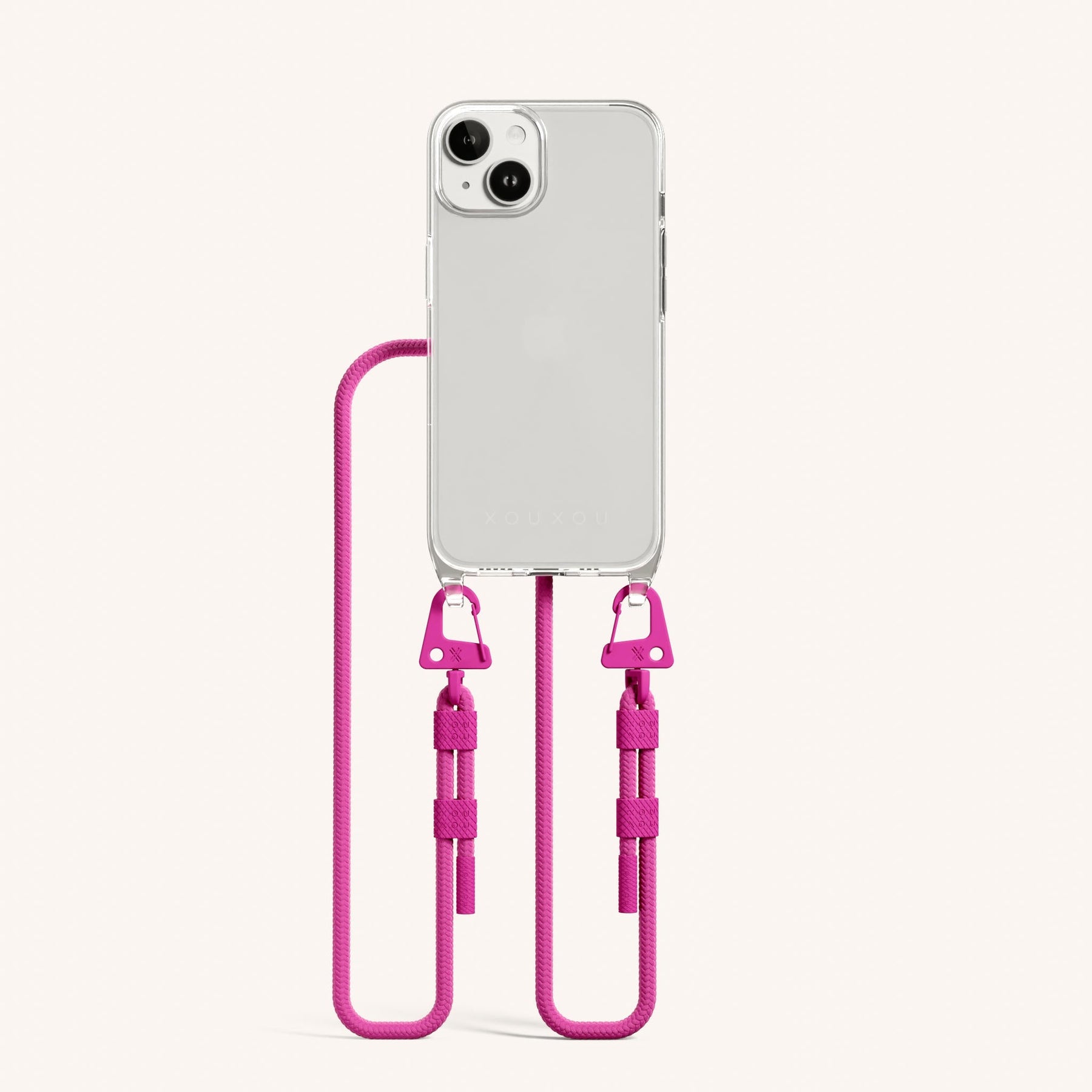 Phone Necklace with Carabiner Rope in Clear + Power Pink