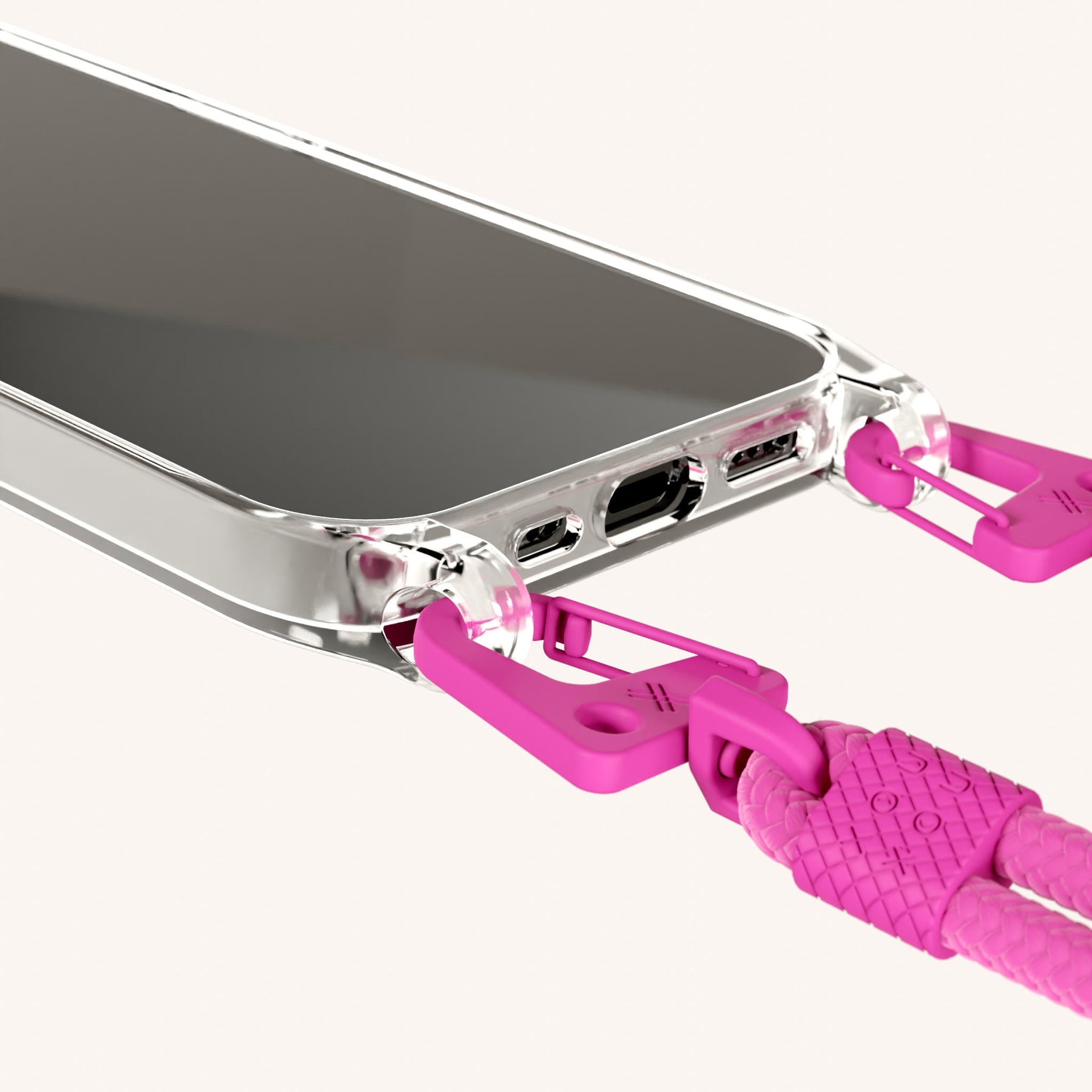 Phone Necklace with Carabiner Rope in Clear + Power Pink