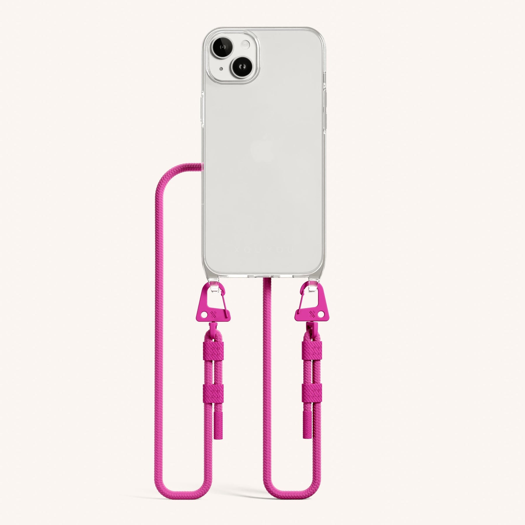 Phone Necklace with Carabiner Rope in Clear + Power Pink