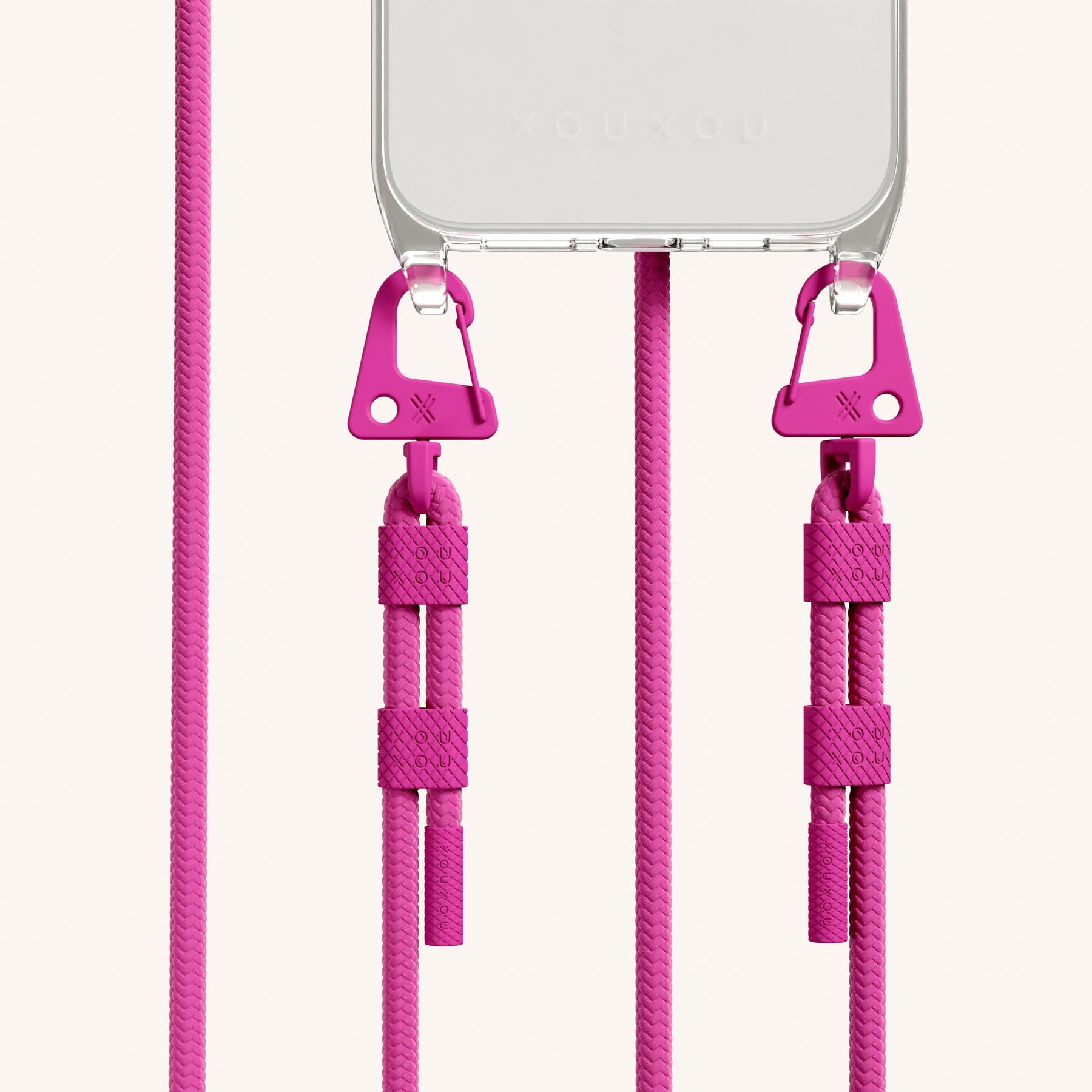 Phone Necklace with Carabiner Rope in Clear + Power Pink