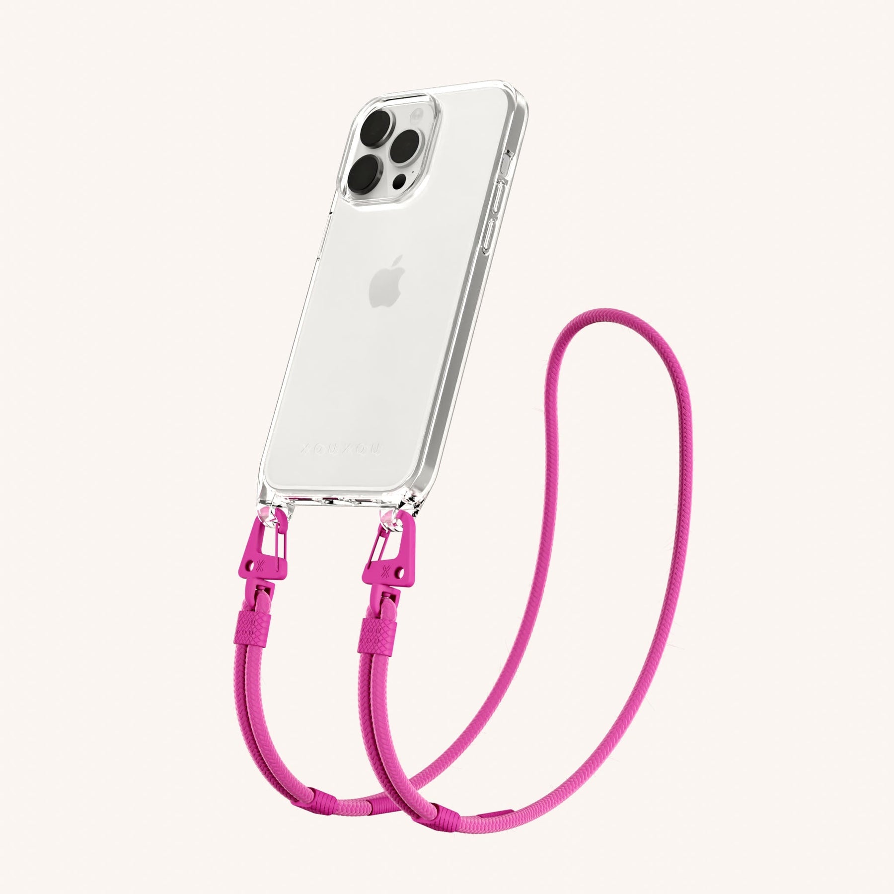 Phone Necklace with Carabiner Rope in Clear + Power Pink