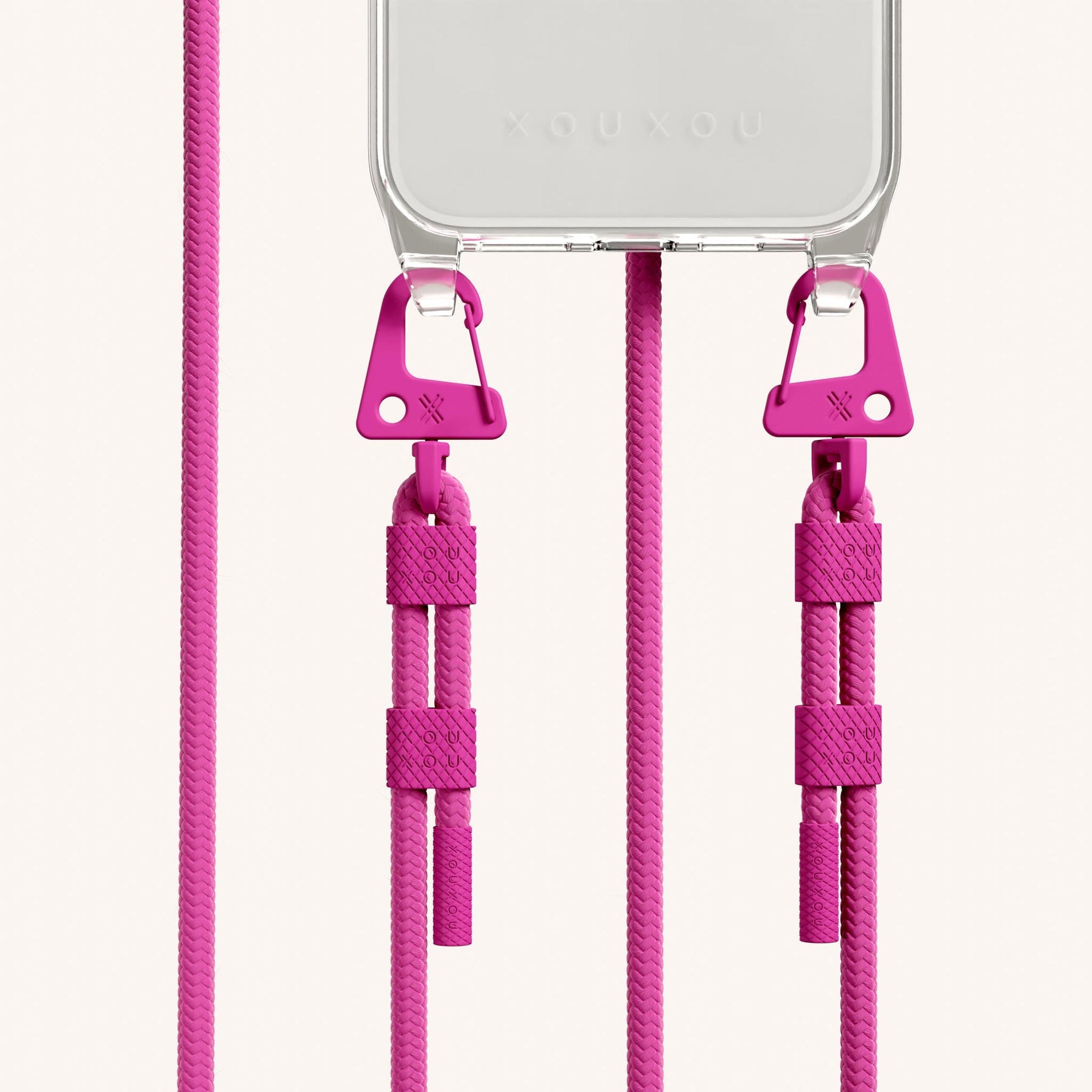 Phone Necklace with Carabiner Rope in Clear + Power Pink