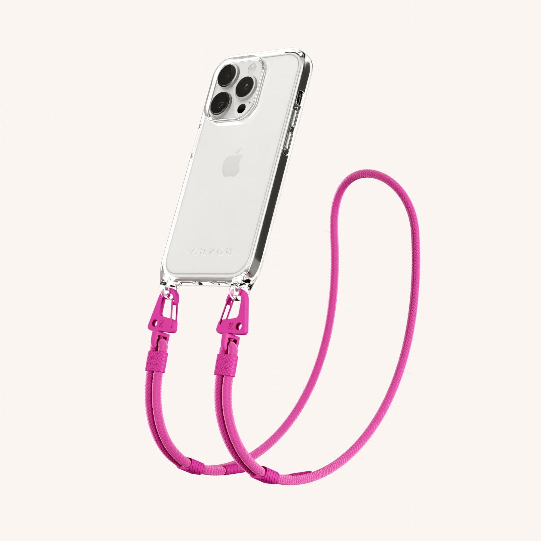 Phone Necklace with Carabiner Rope in Clear + Power Pink