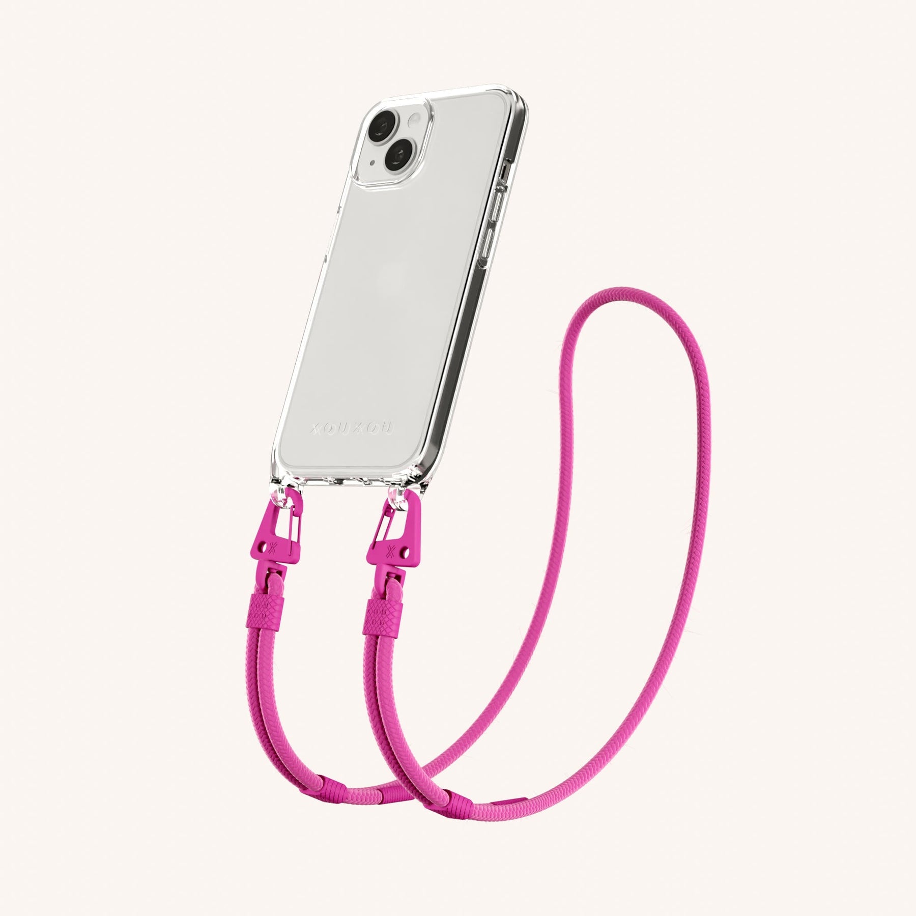 Phone Necklace with Carabiner Rope in Clear + Power Pink