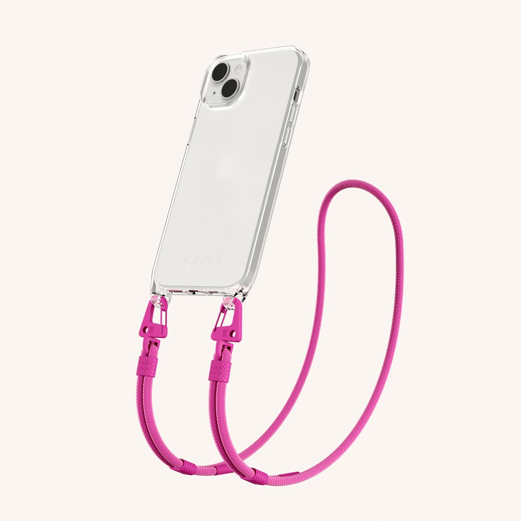 Phone Necklace with Carabiner Rope in Clear + Power Pink