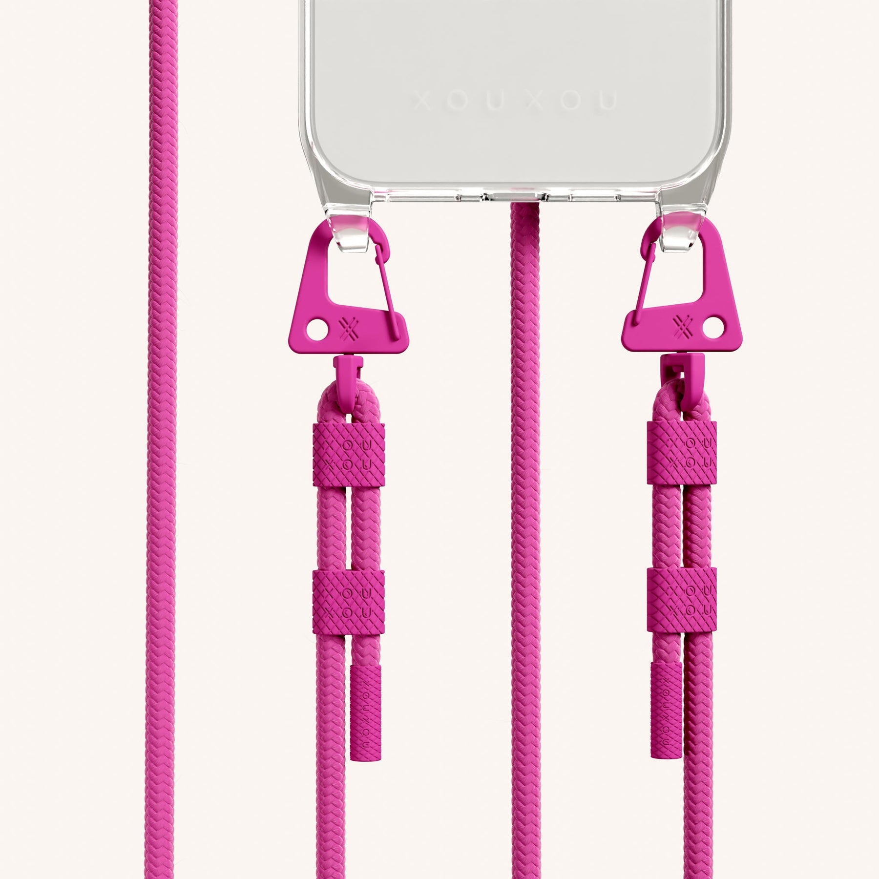 Phone Necklace with Carabiner Rope in Clear + Power Pink
