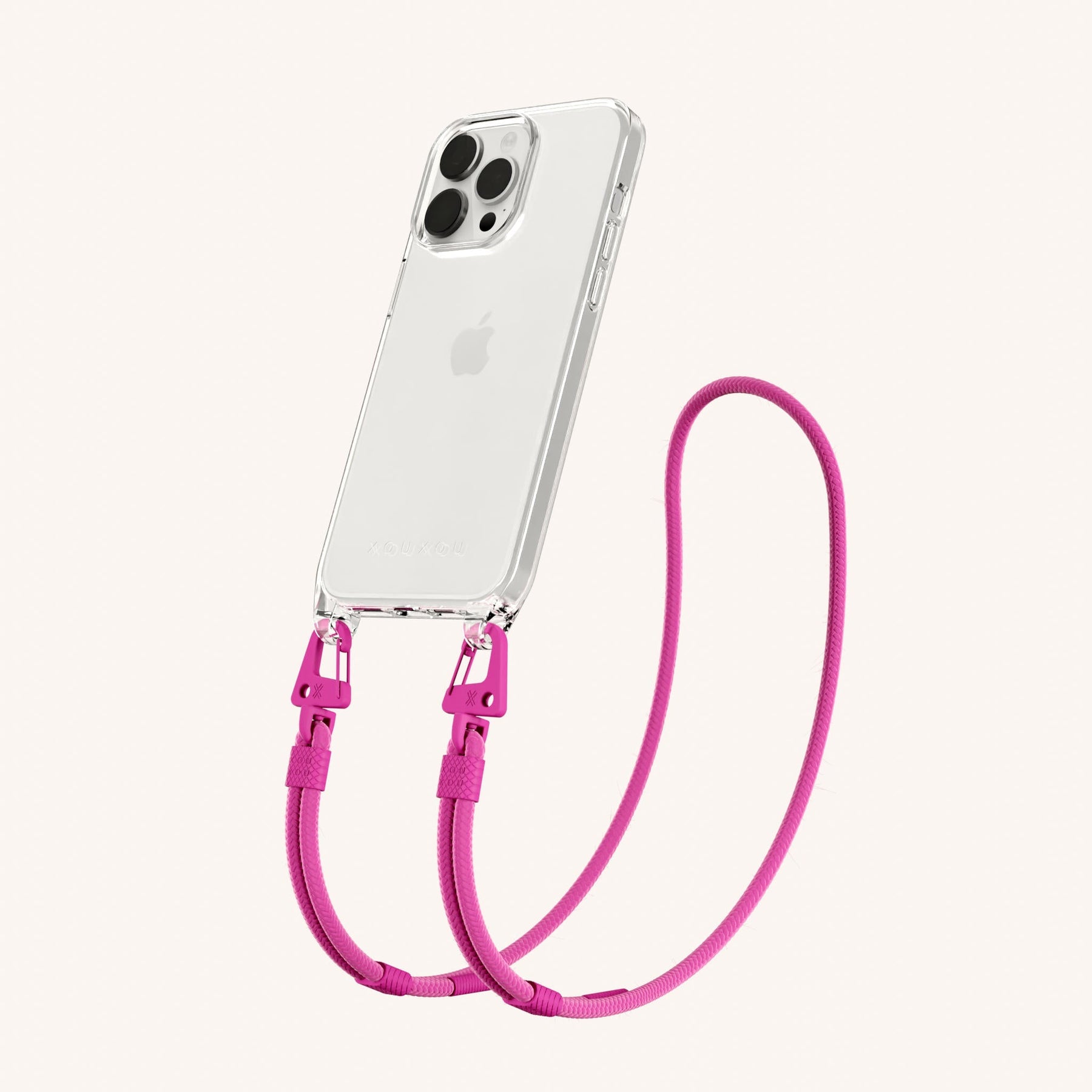 Phone Necklace with Carabiner Rope in Clear + Power Pink