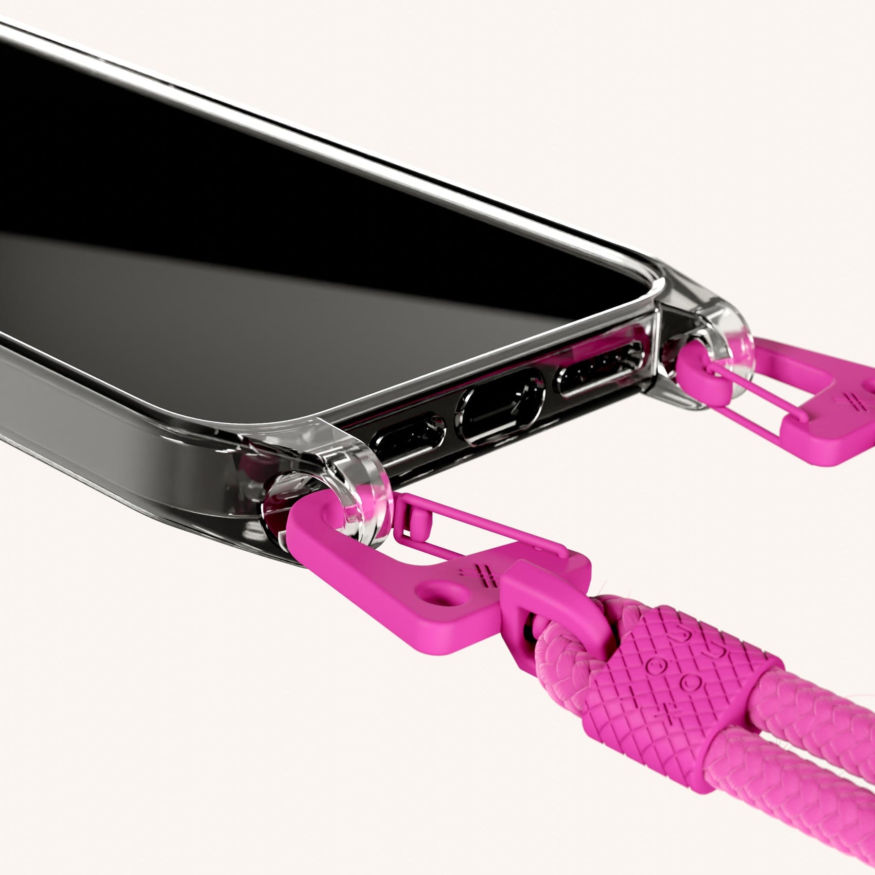 Phone Necklace with Carabiner Rope in Clear + Power Pink