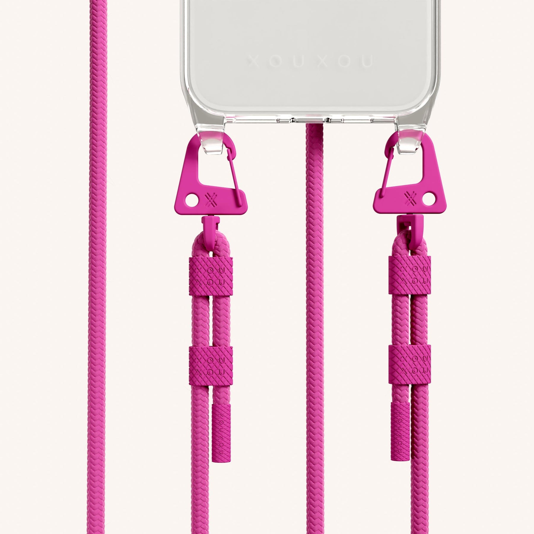 Phone Necklace with Carabiner Rope in Clear + Power Pink