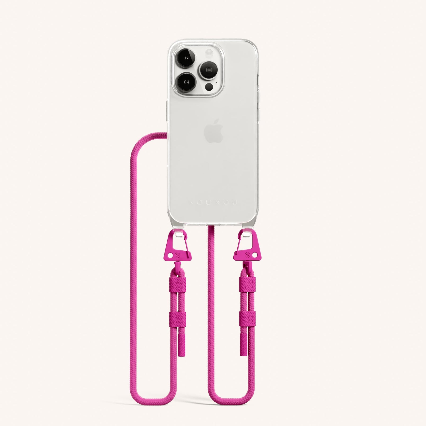 Phone Necklace with Carabiner Rope in Clear + Power Pink
