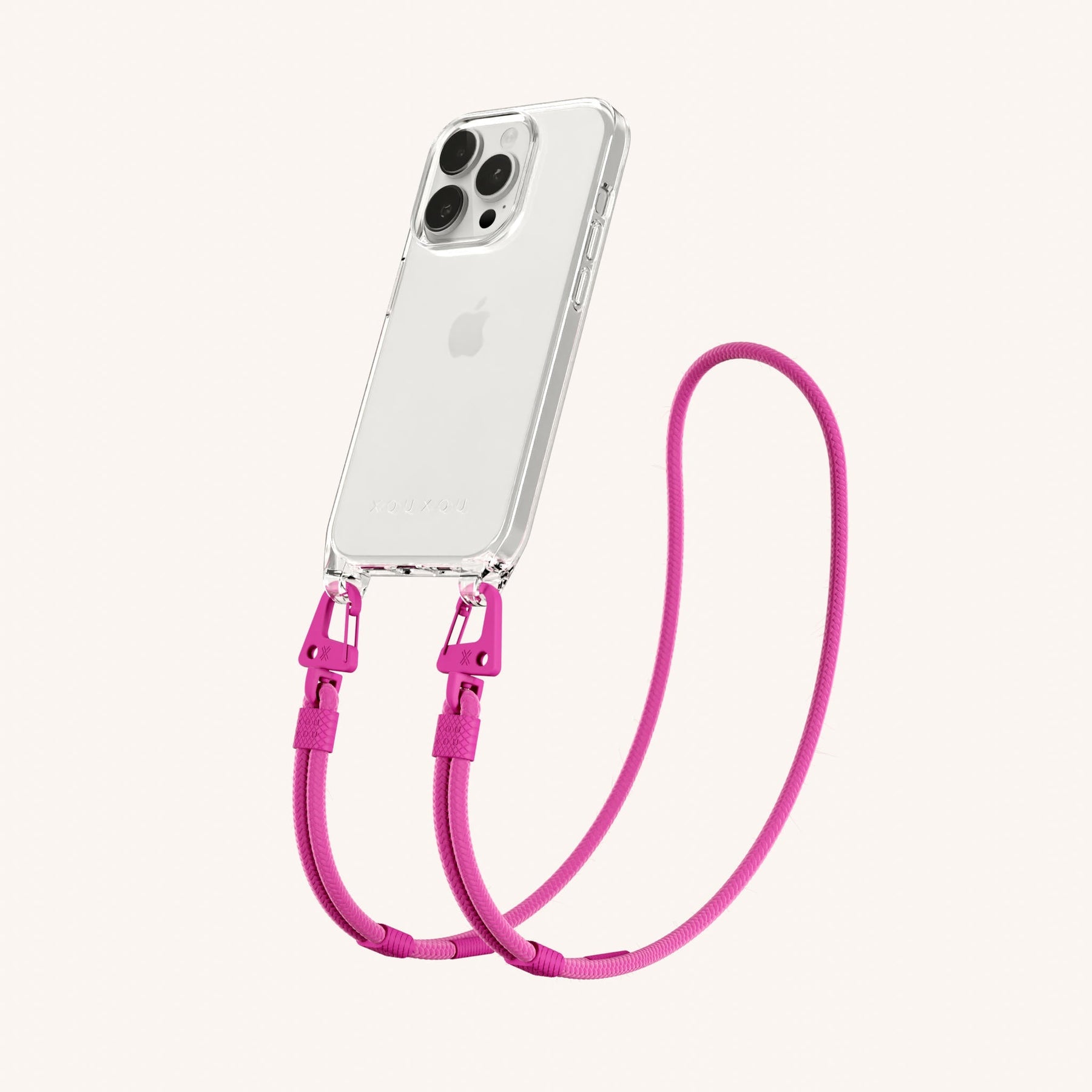 Phone Necklace with Carabiner Rope in Clear + Power Pink