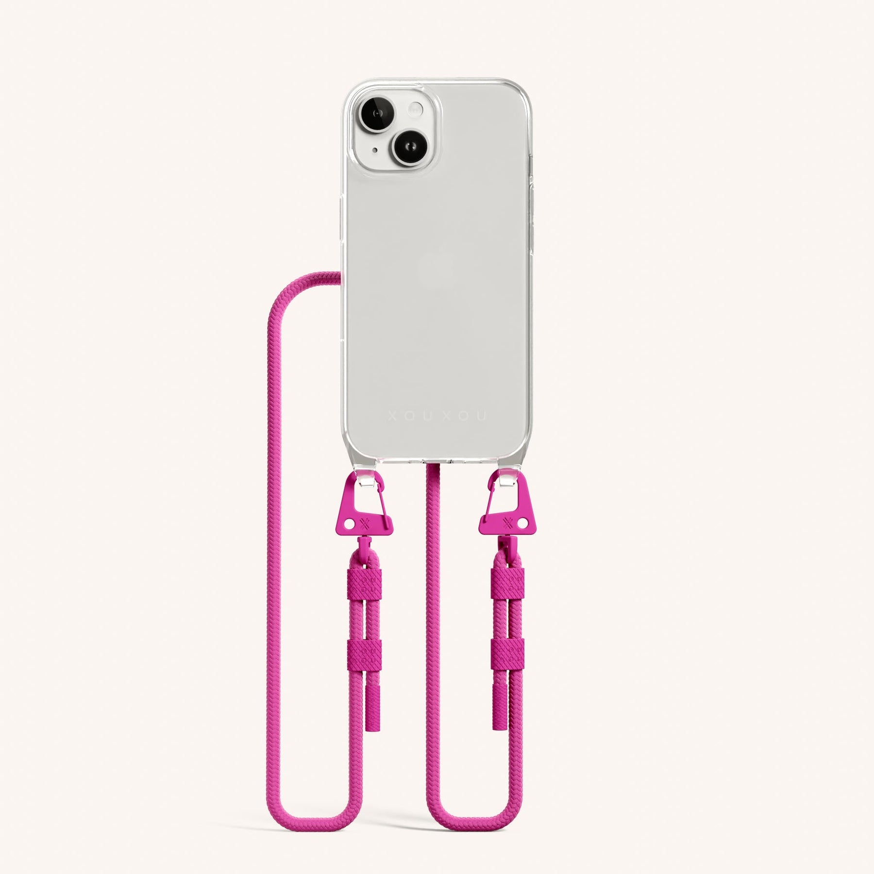 Phone Necklace with Carabiner Rope in Clear + Power Pink