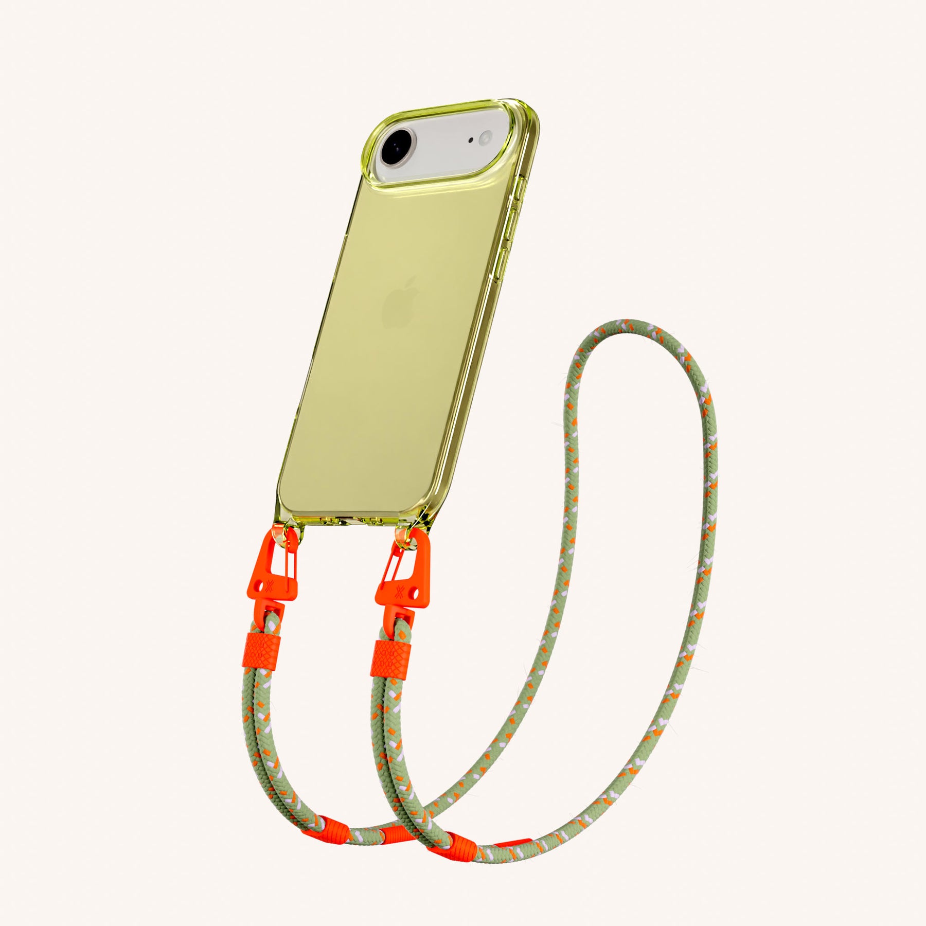 Phone Necklace with Carabiner Rope in Sunny Lime Clear + Orange Camouflage