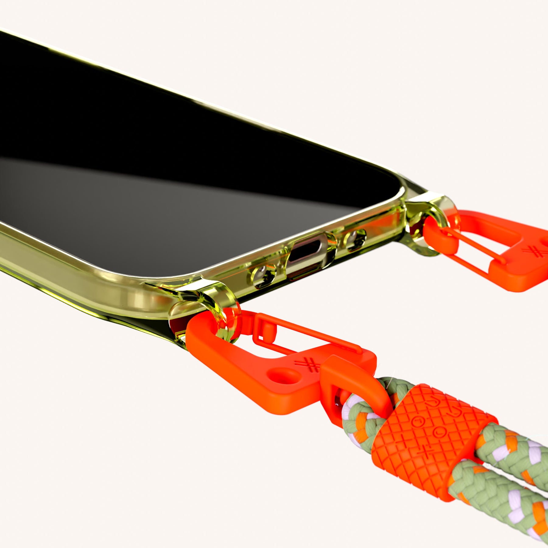Phone Necklace with Carabiner Rope in Sunny Lime Clear + Orange Camouflage