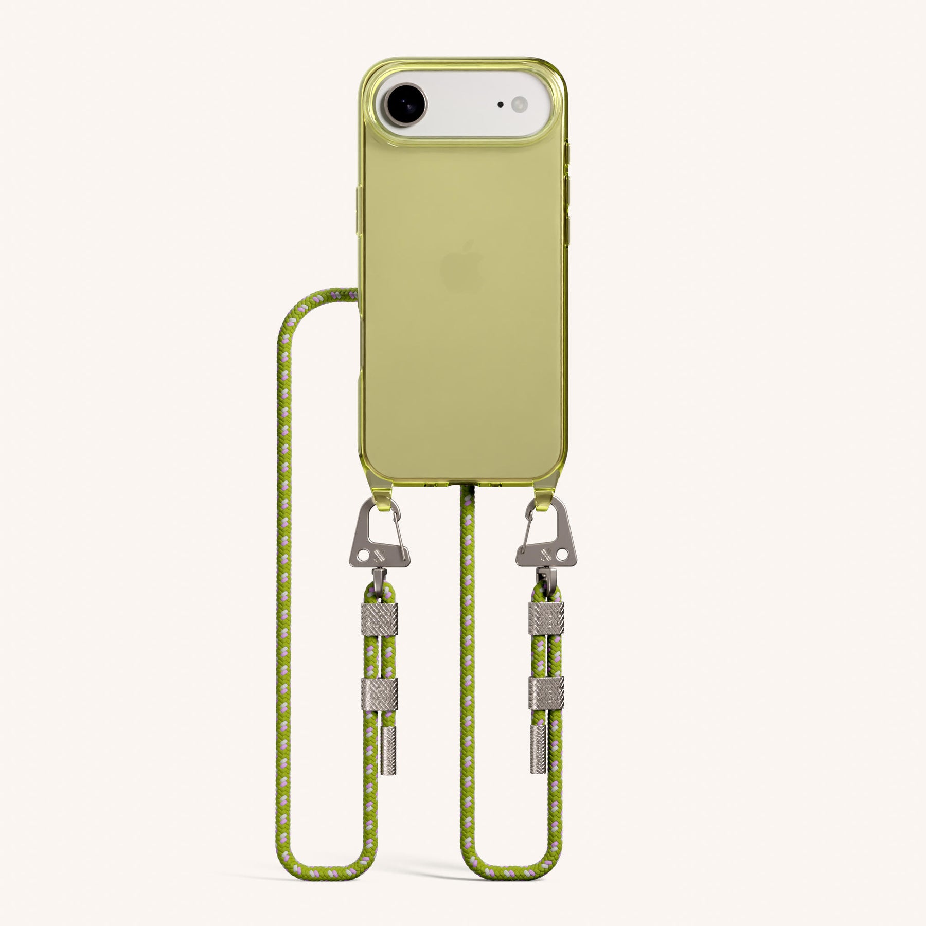 Phone Necklace with Carabiner Rope in Sunny Lime Clear + Spotted Olive