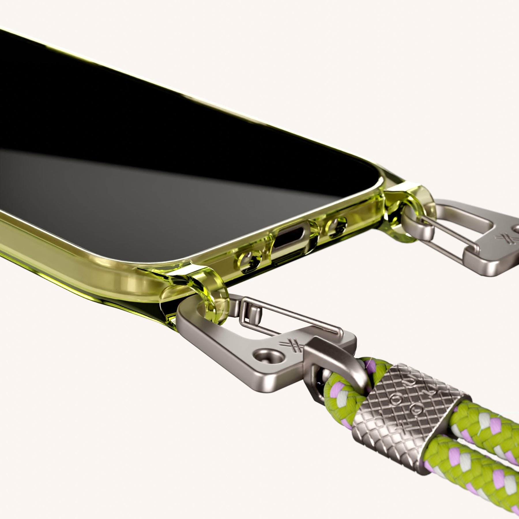 Phone Necklace with Carabiner Rope in Sunny Lime Clear + Spotted Olive