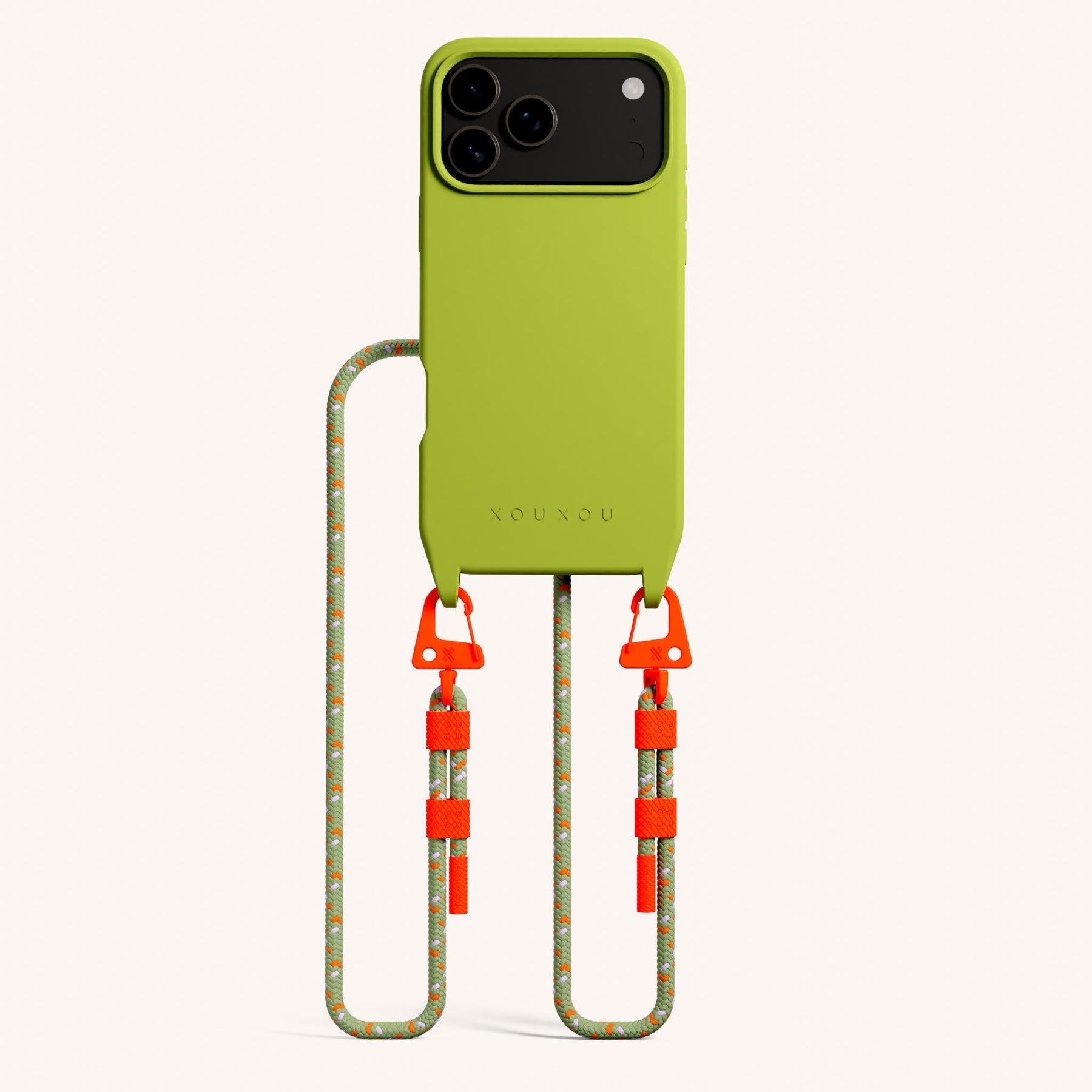 Phone Necklace with Carabiner Rope in Olive + Orange Camouflage