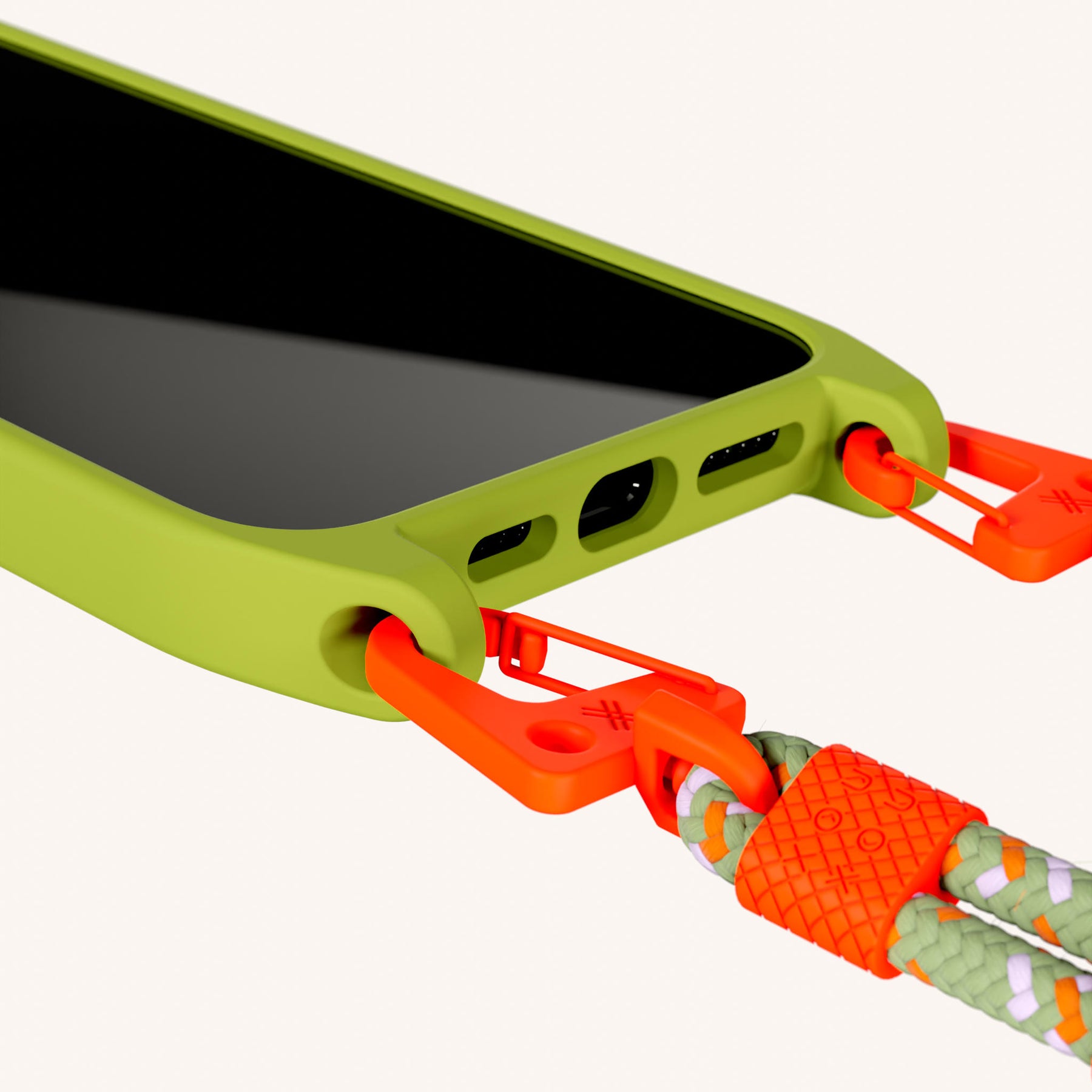 Phone Necklace with Carabiner Rope in Olive + Orange Camouflage