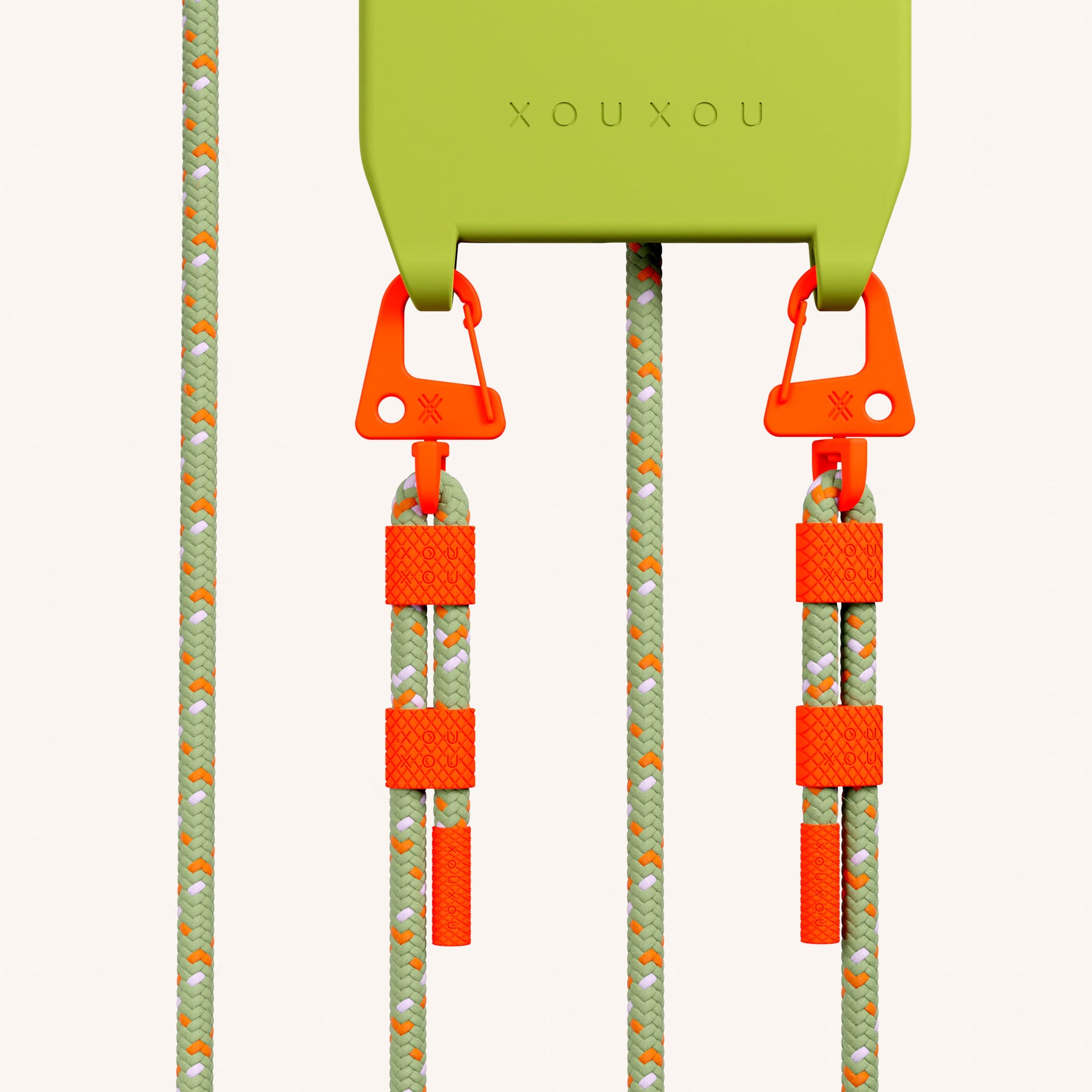 Phone Necklace with Carabiner Rope in Olive + Orange Camouflage
