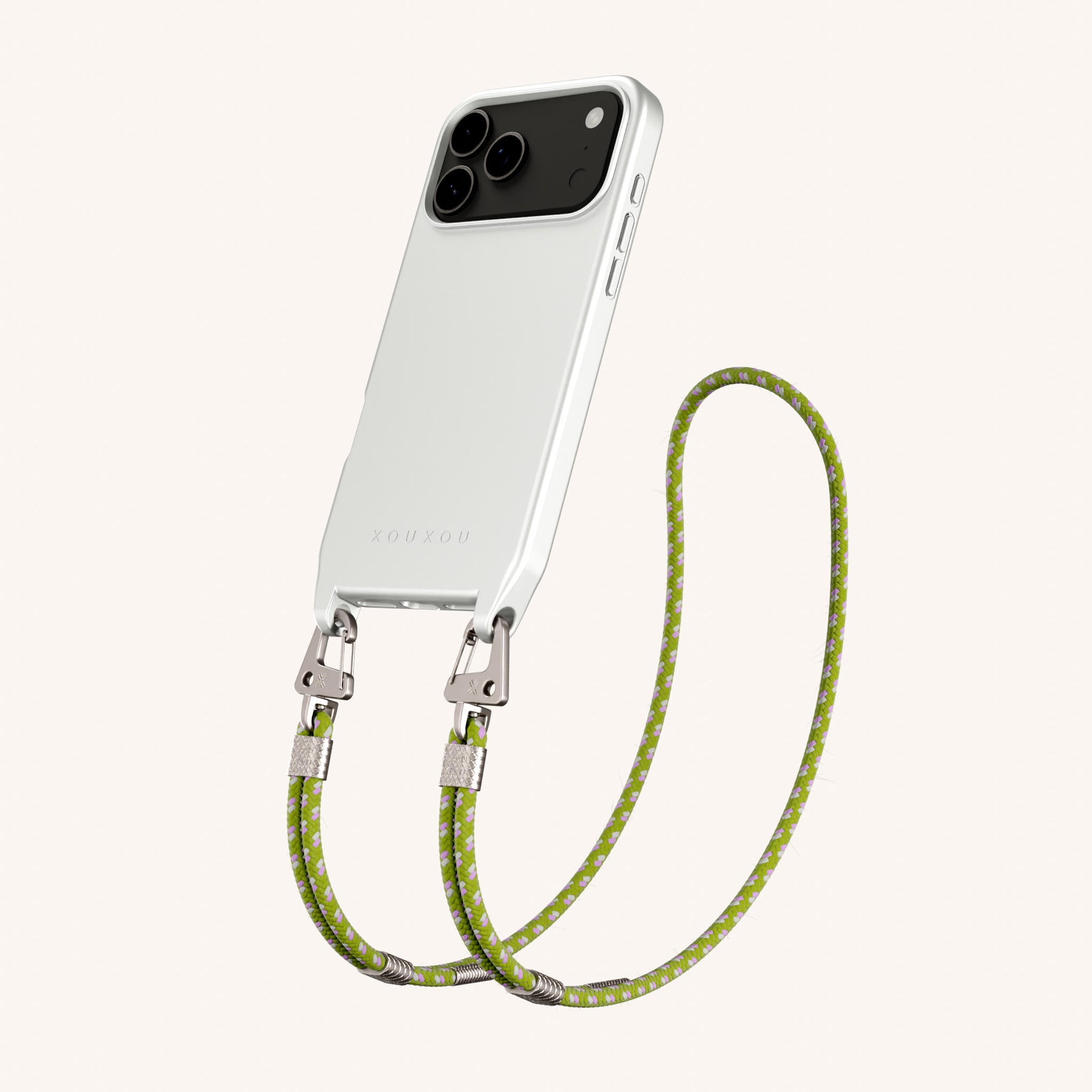 Phone Necklace with Carabiner Rope in Y2K Silver + Spotted Olive