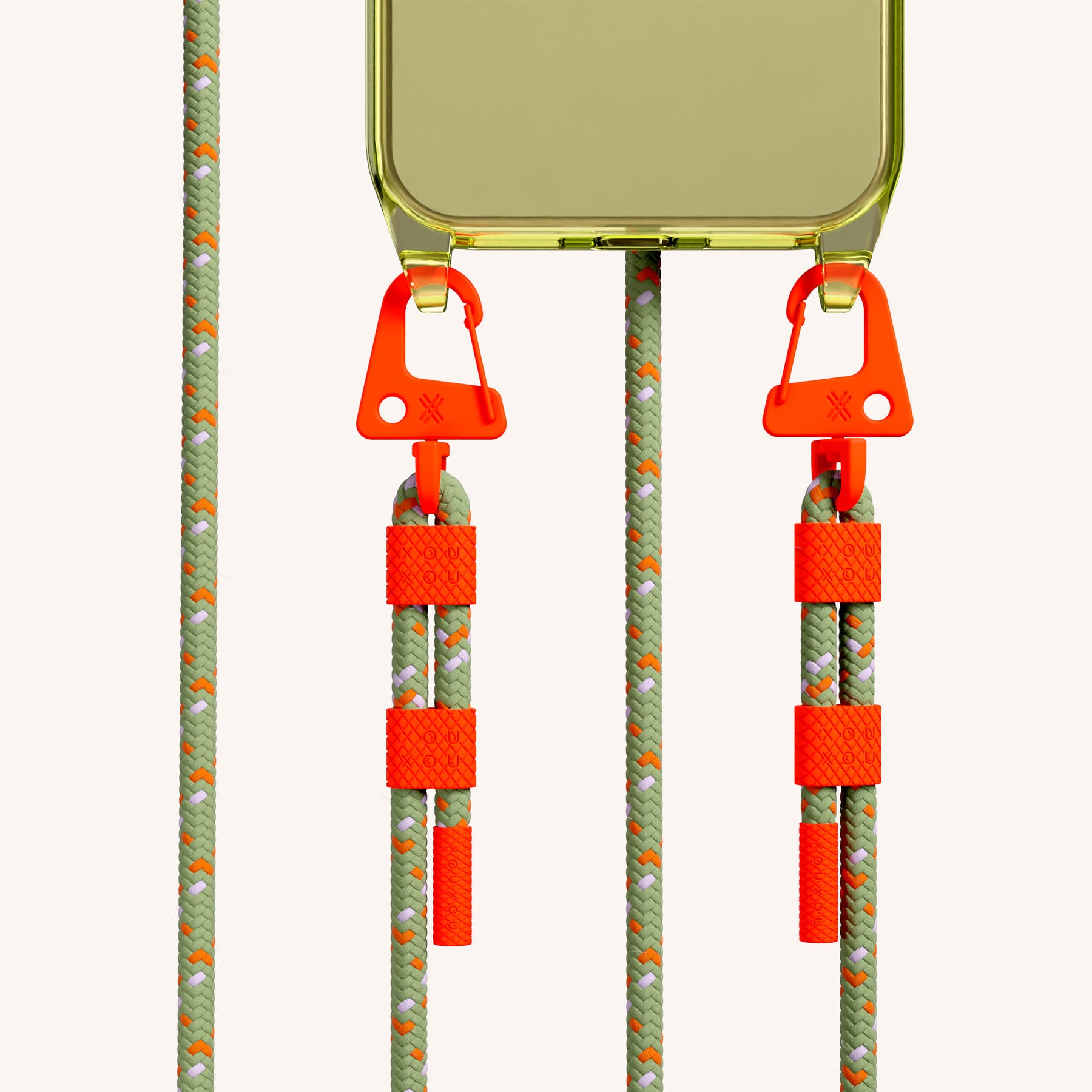 Phone Necklace with Carabiner Rope in Sunny Lime Clear + Orange Camouflage